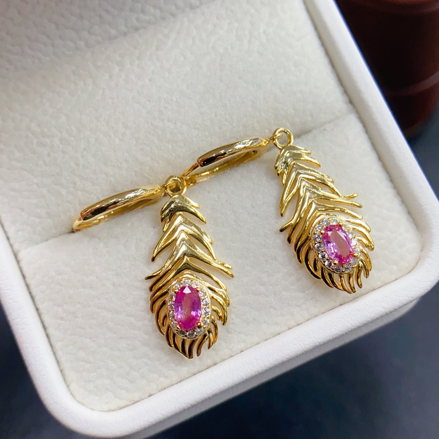 Natural Pink Sapphire Earrings Leaf Design | High Quality Vivid Color 3x5mm Gemstone Dangle Earrings | 925 Silver Dainty Jewelry | Trendy Statement Gift For Her
