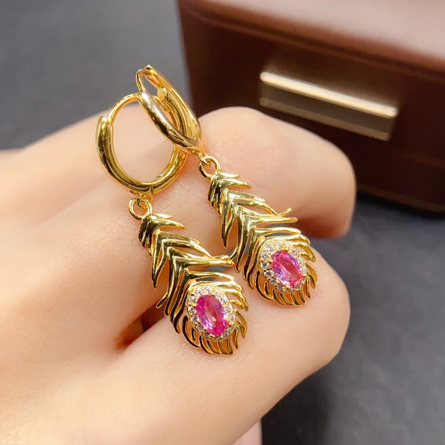 Natural Pink Sapphire Earrings Leaf Design | High Quality Vivid Color 3x5mm Gemstone Dangle Earrings | 925 Silver Dainty Jewelry | Trendy Statement Gift For Her