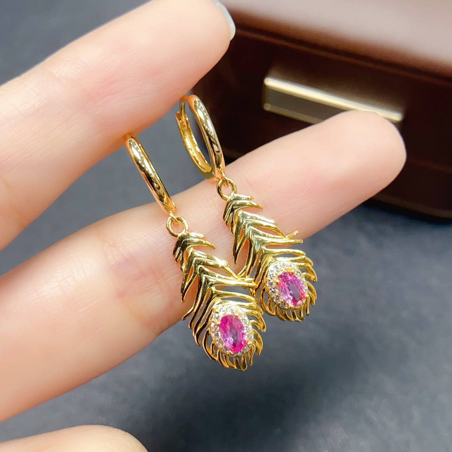 Natural Pink Sapphire Earrings Leaf Design | High Quality Vivid Color 3x5mm Gemstone Dangle Earrings | 925 Silver Dainty Jewelry | Trendy Statement Gift For Her