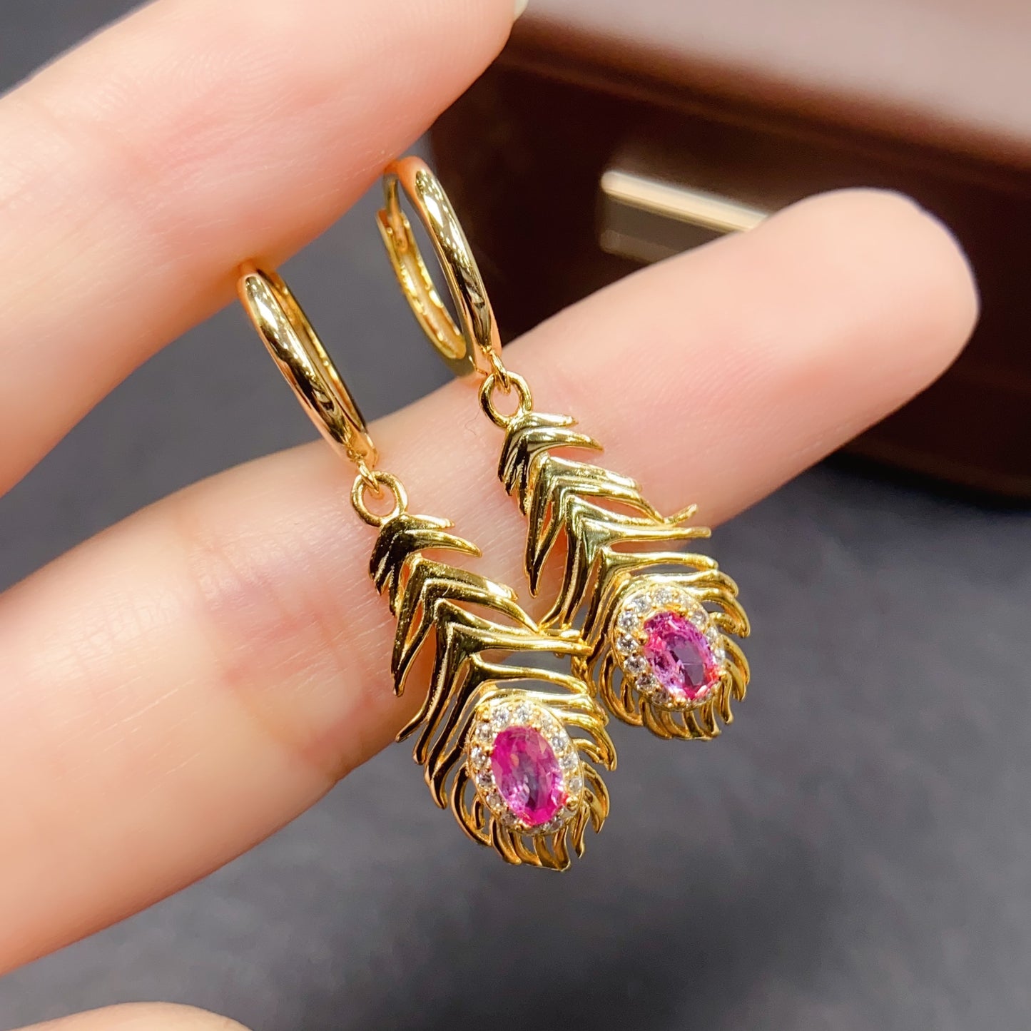 Natural Pink Sapphire Earrings Leaf Design | High Quality Vivid Color 3x5mm Gemstone Dangle Earrings | 925 Silver Dainty Jewelry | Trendy Statement Gift For Her