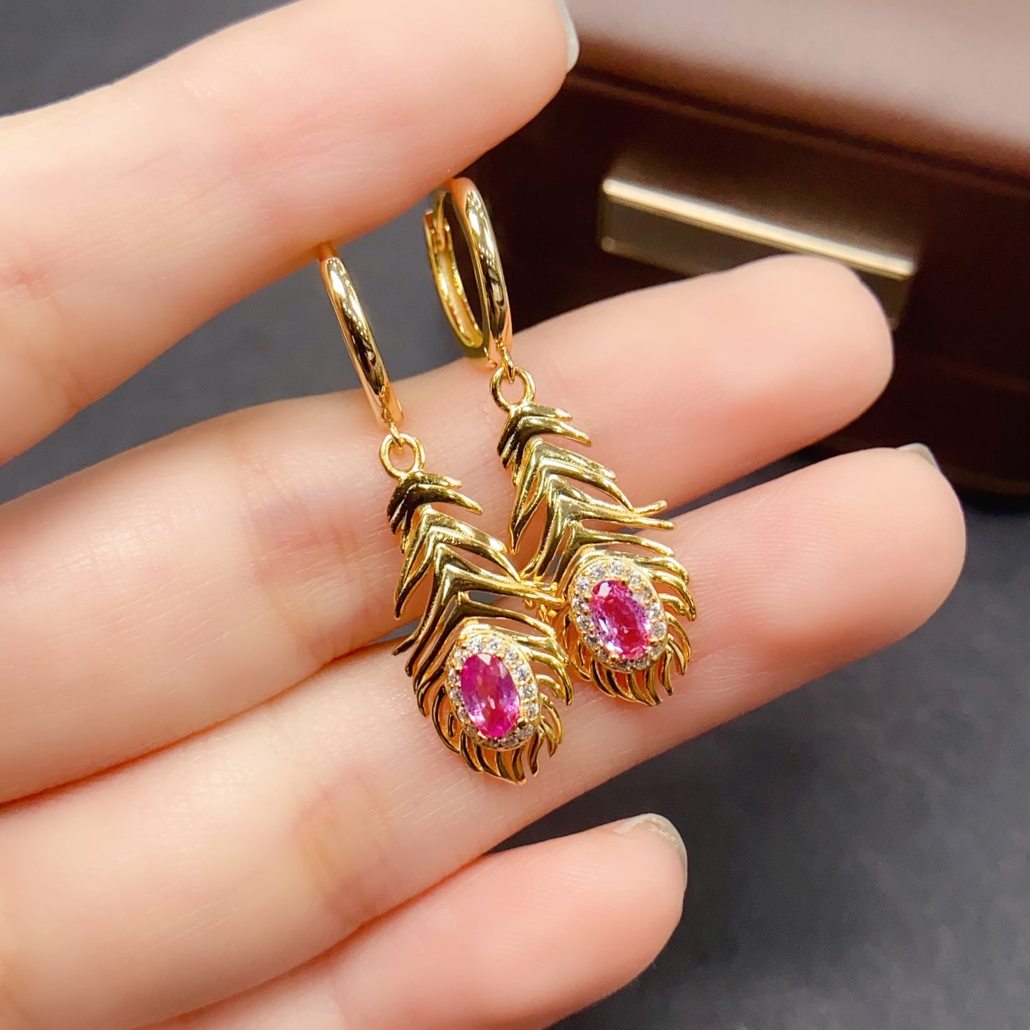 Natural Pink Sapphire Earrings Leaf Design | High Quality Vivid Color 3x5mm Gemstone Dangle Earrings | 925 Silver Dainty Jewelry | Trendy Statement Gift For Her