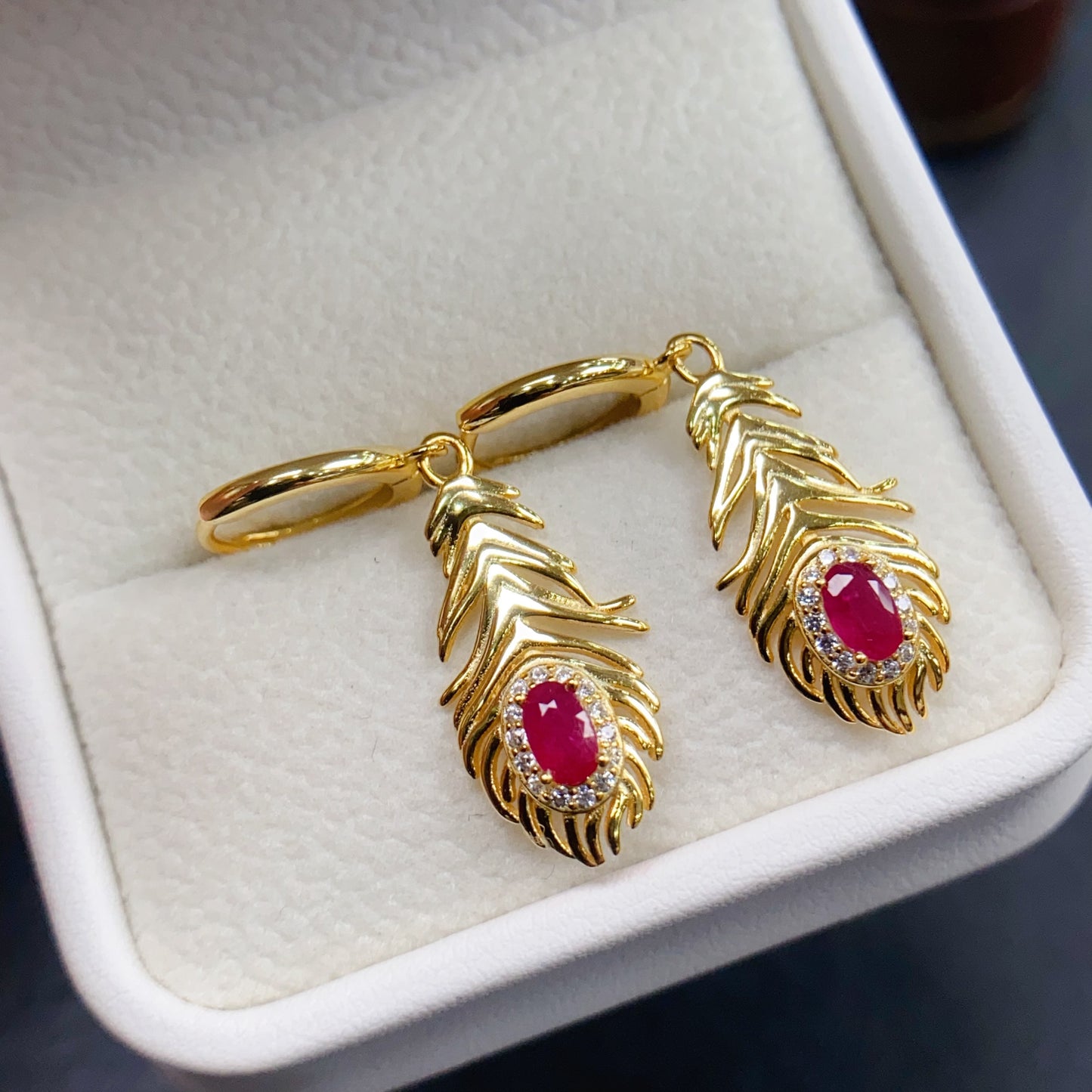 Natural Ruby Earrings Dangle Leaf Design | High Quality Vivid Red 3x5mm Gemstone Gold Plated | 925 Silver Statement Earrings Trendy Jewelry Gift For Women