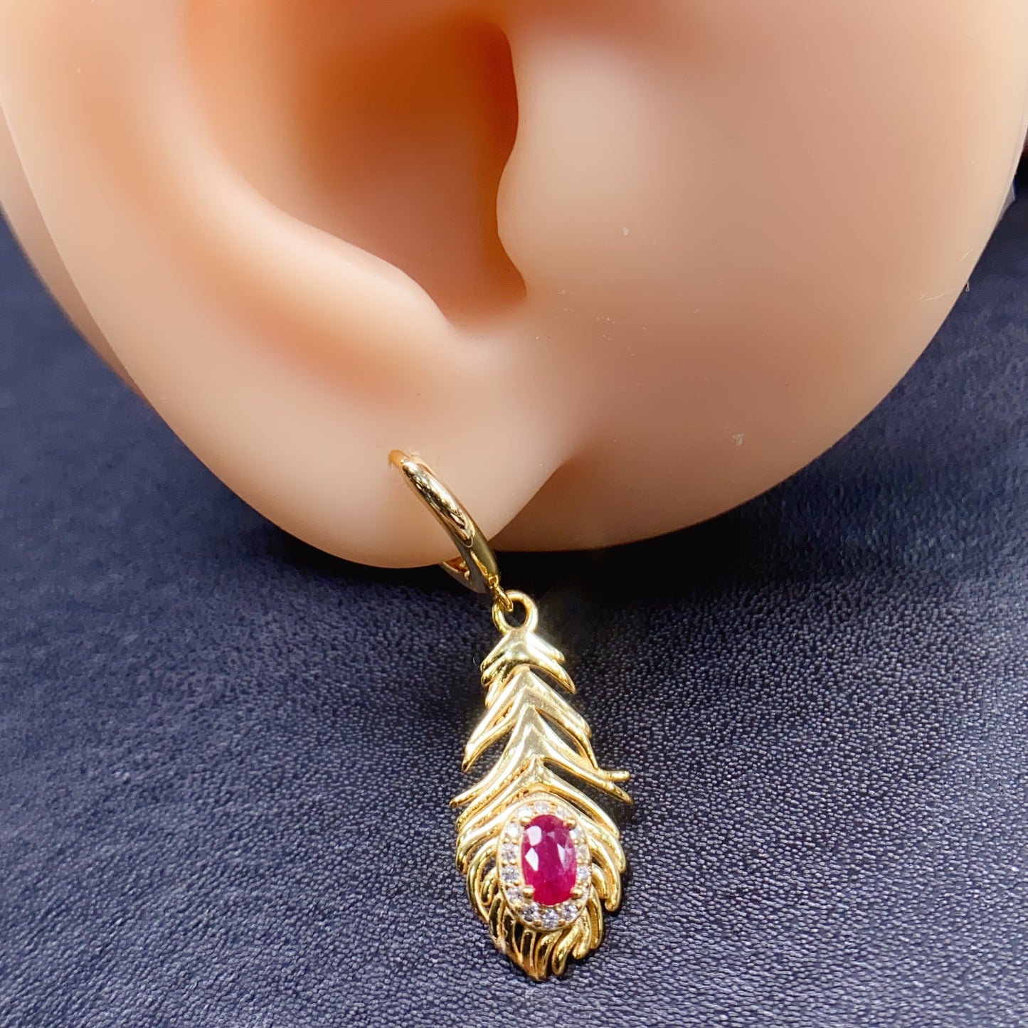 Natural Ruby Earrings Dangle Leaf Design | High Quality Vivid Red 3x5mm Gemstone Gold Plated | 925 Silver Statement Earrings Trendy Jewelry Gift For Women