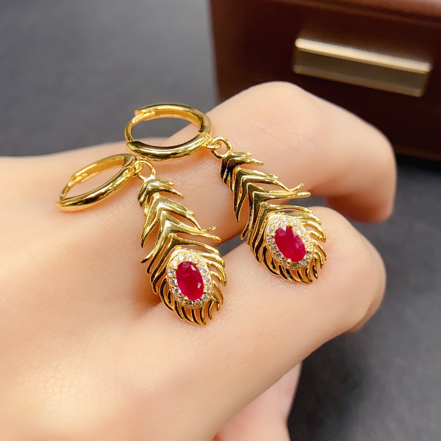 Natural Ruby Earrings Dangle Leaf Design | High Quality Vivid Red 3x5mm Gemstone Gold Plated | 925 Silver Statement Earrings Trendy Jewelry Gift For Women