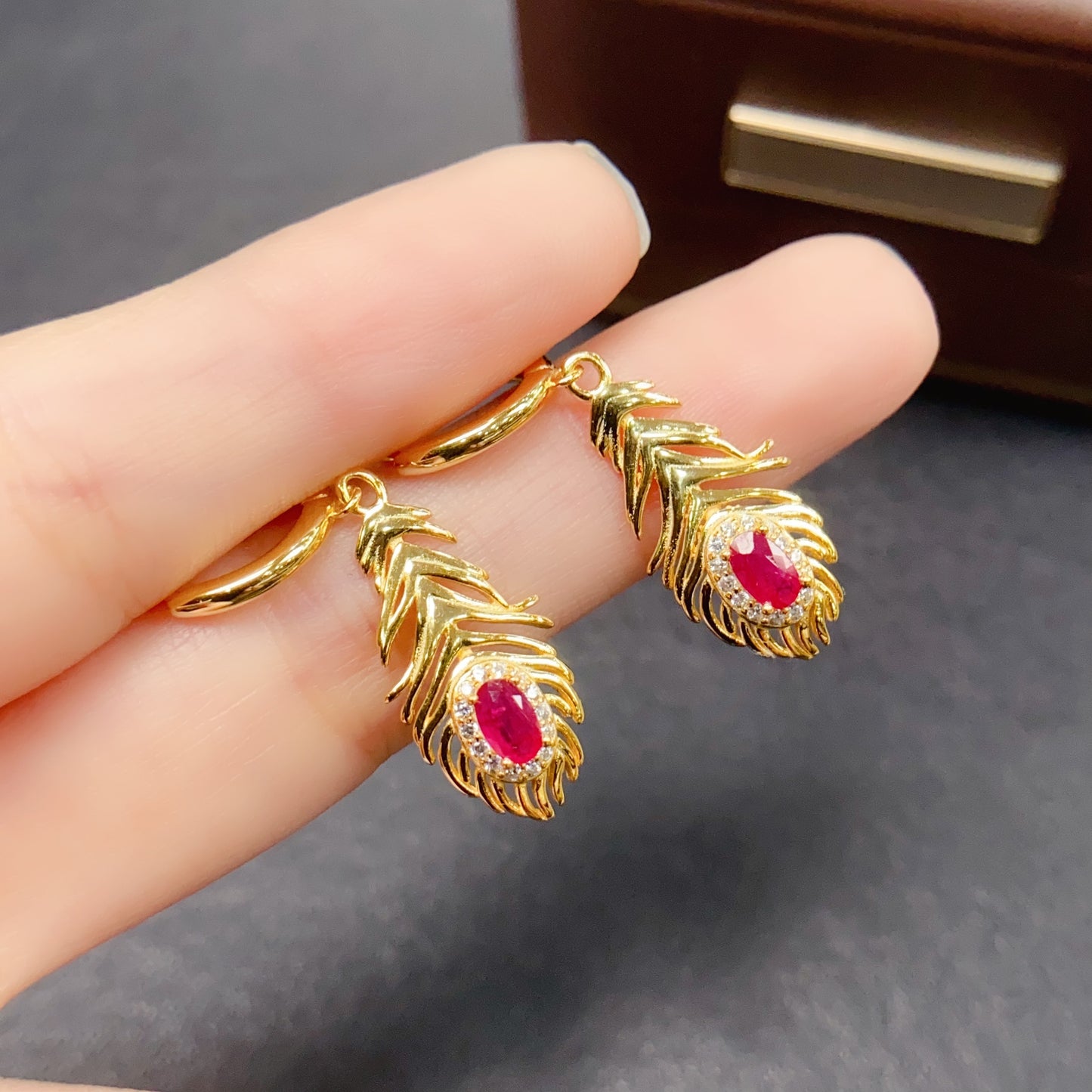 Natural Ruby Earrings Dangle Leaf Design | High Quality Vivid Red 3x5mm Gemstone Gold Plated | 925 Silver Statement Earrings Trendy Jewelry Gift For Women