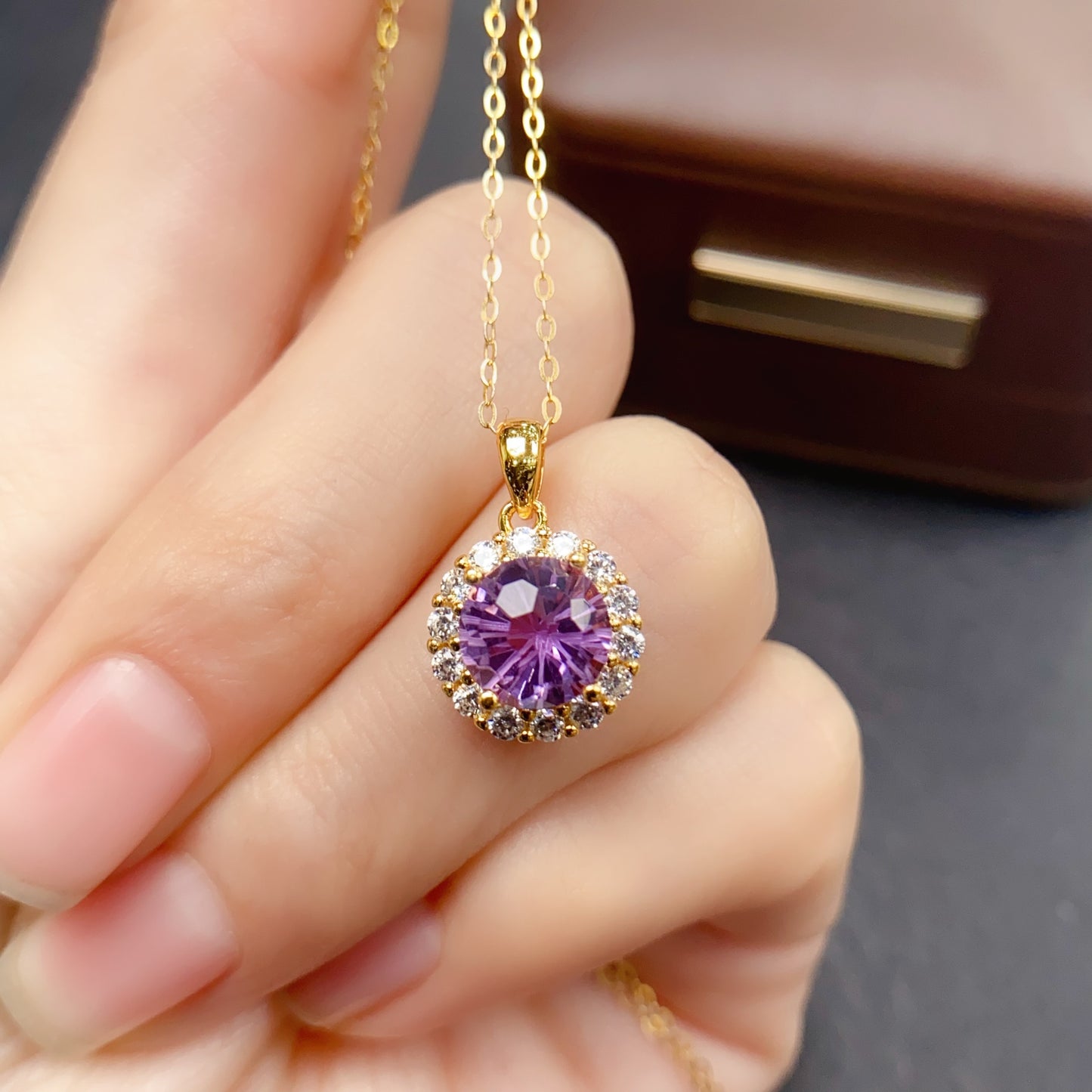 Natural Amethyst Pendant Necklace Fireworks Cut | 8x8mm Gemstone with Cubic Zirconia | 925 Silver Dainty Sparkling Jewelry | Trendy Crystal Gift For Women