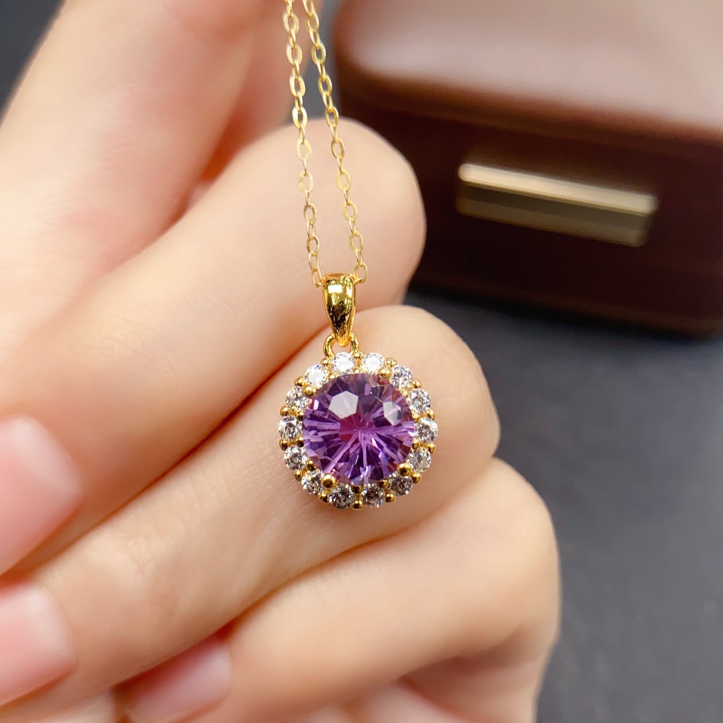Natural Amethyst Pendant Necklace Fireworks Cut | 8x8mm Gemstone with Cubic Zirconia | 925 Silver Dainty Sparkling Jewelry | Trendy Crystal Gift For Women