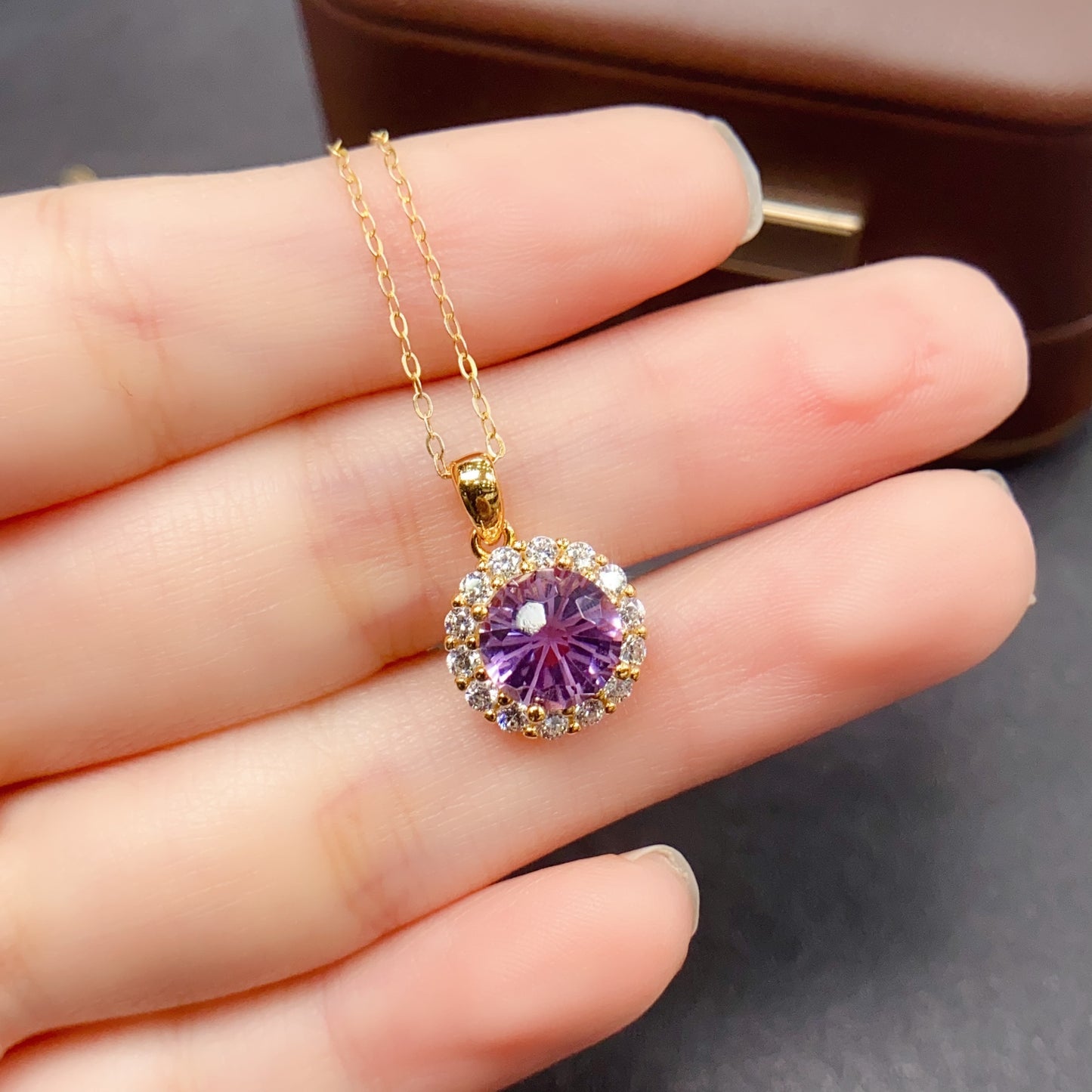 Natural Amethyst Pendant Necklace Fireworks Cut | 8x8mm Gemstone with Cubic Zirconia | 925 Silver Dainty Sparkling Jewelry | Trendy Crystal Gift For Women