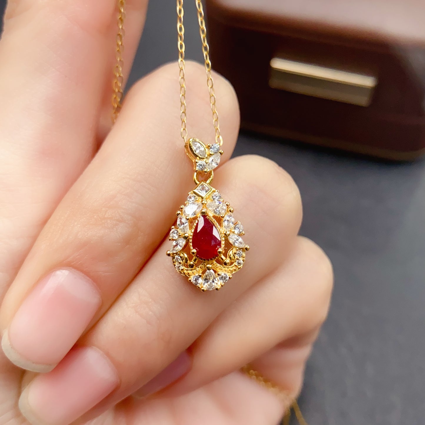 Natural Ruby Pendant Necklace Drop Shape Design | High Quality Vivid Red 4x6mm Gemstone | 925 Silver Dainty锁骨链 | Trendy Statement Jewelry Gift For Women