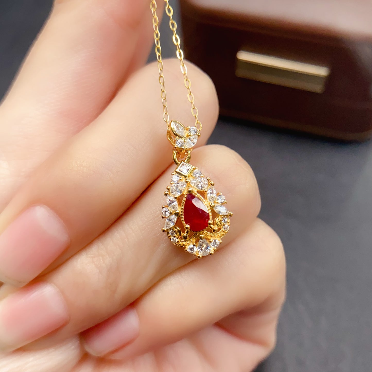 Natural Ruby Pendant Necklace Drop Shape Design | High Quality Vivid Red 4x6mm Gemstone | 925 Silver Dainty锁骨链 | Trendy Statement Jewelry Gift For Women
