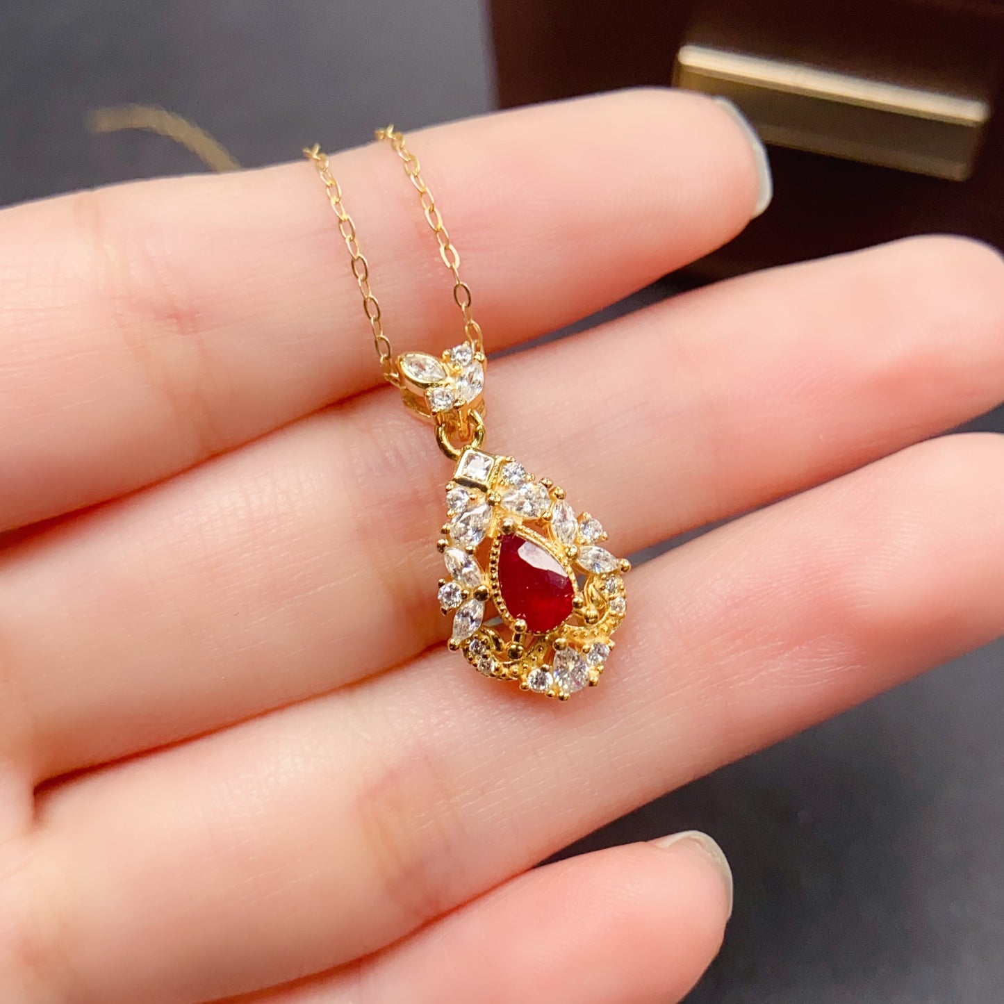 Natural Ruby Pendant Necklace Drop Shape Design | High Quality Vivid Red 4x6mm Gemstone | 925 Silver Dainty锁骨链 | Trendy Statement Jewelry Gift For Women