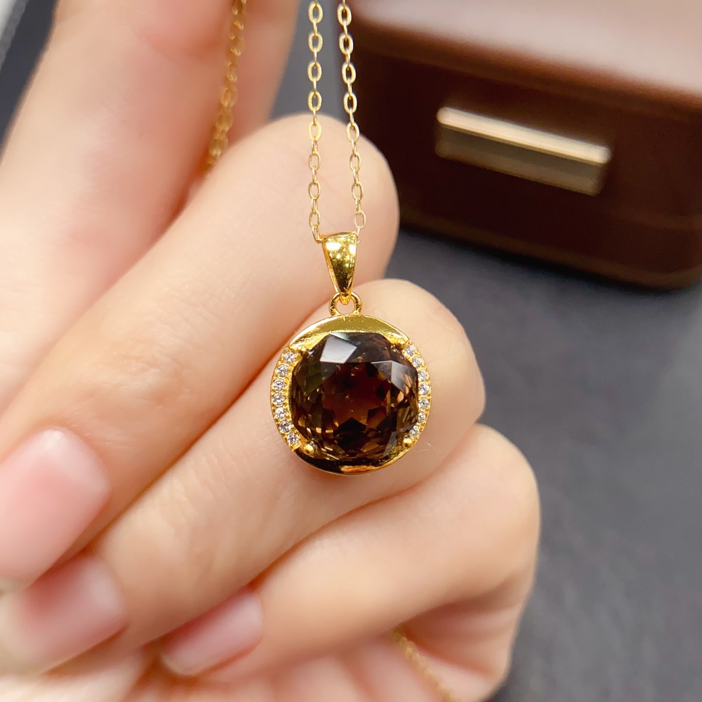 Natural Smoky Quartz Pendant Necklace | High Quality Vibrant Brown 10x10mm Gemstone | 925 Silver Dainty Jewelry | Trendy Crystal锁骨链 Gift For Women