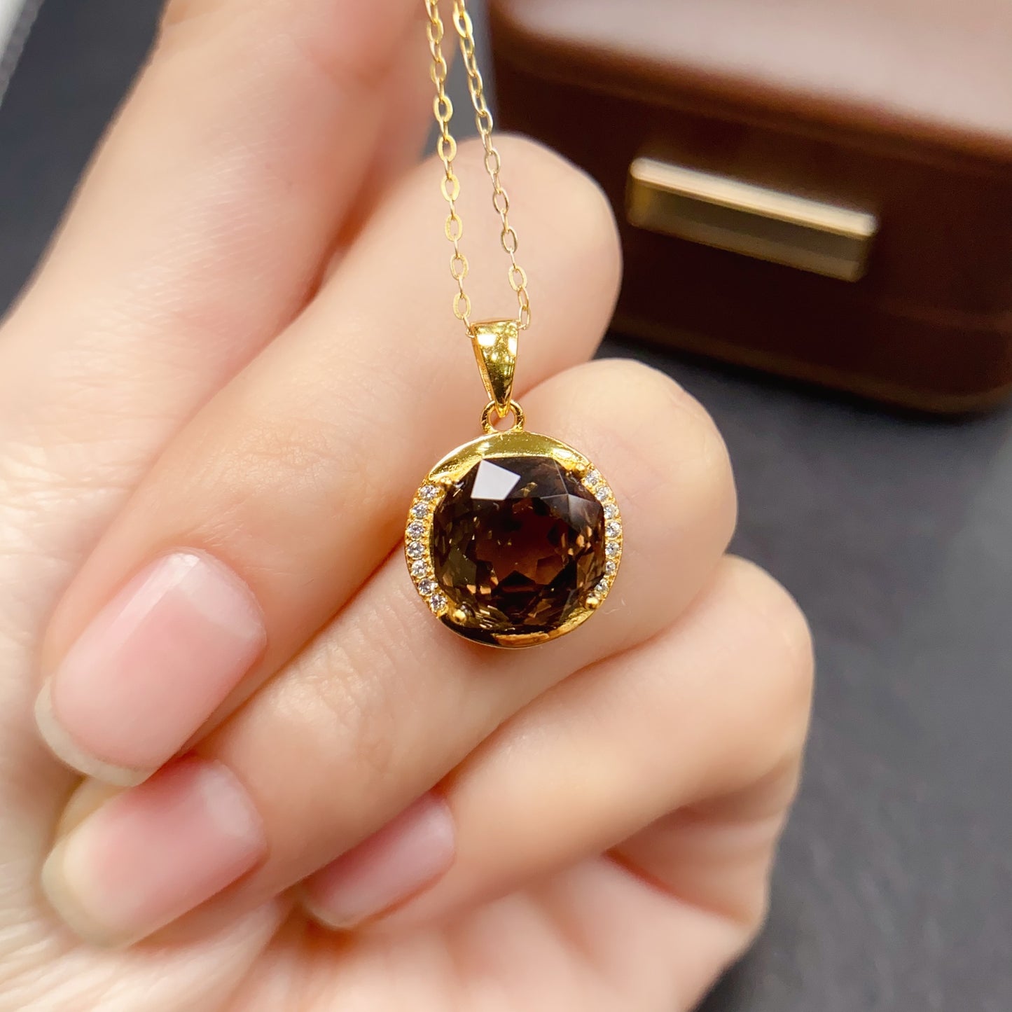 Natural Smoky Quartz Pendant Necklace | High Quality Vibrant Brown 10x10mm Gemstone | 925 Silver Dainty Jewelry | Trendy Crystal锁骨链 Gift For Women