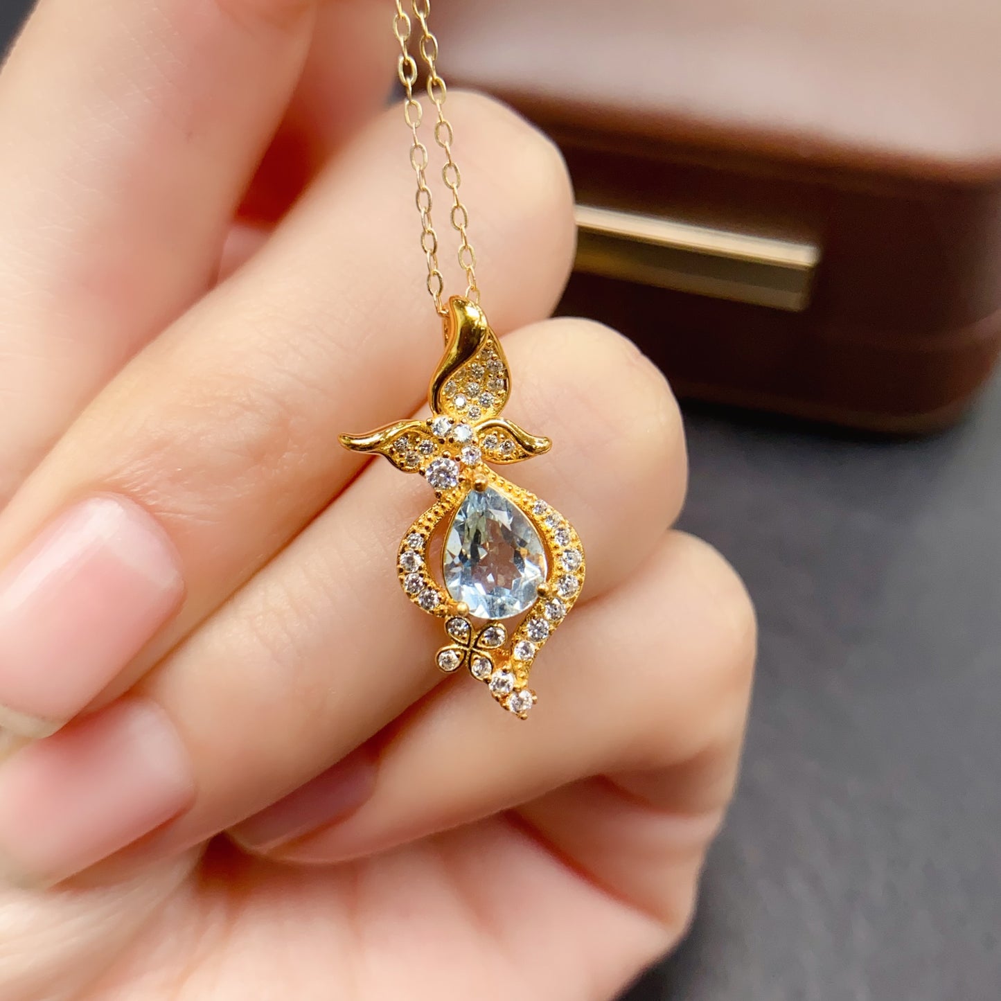 Natural Aquamarine Pendant Necklace | 6x8mm Gemstone Gold Plated Over Silver | High Quality Vivid Blue | Dainty Fairycore | Trendy Crystal Jewelry Gift