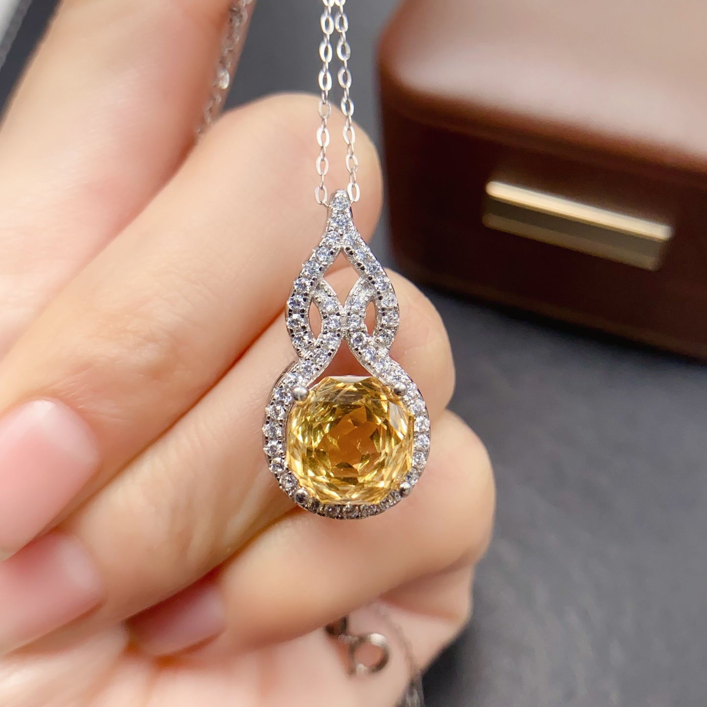 Natural Citrine Pendant Necklace |  Design 10x10mm Gemstone | High Quality Vivid Yellow | 925 Silver Dainty Statement Necklace | Lucky Feng Shui Jewelry Gift