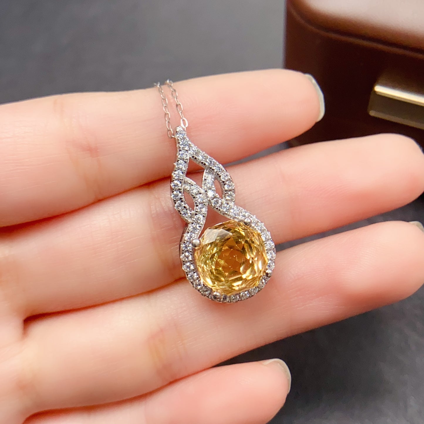 Natural Citrine Pendant Necklace |  Design 10x10mm Gemstone | High Quality Vivid Yellow | 925 Silver Dainty Statement Necklace | Lucky Feng Shui Jewelry Gift