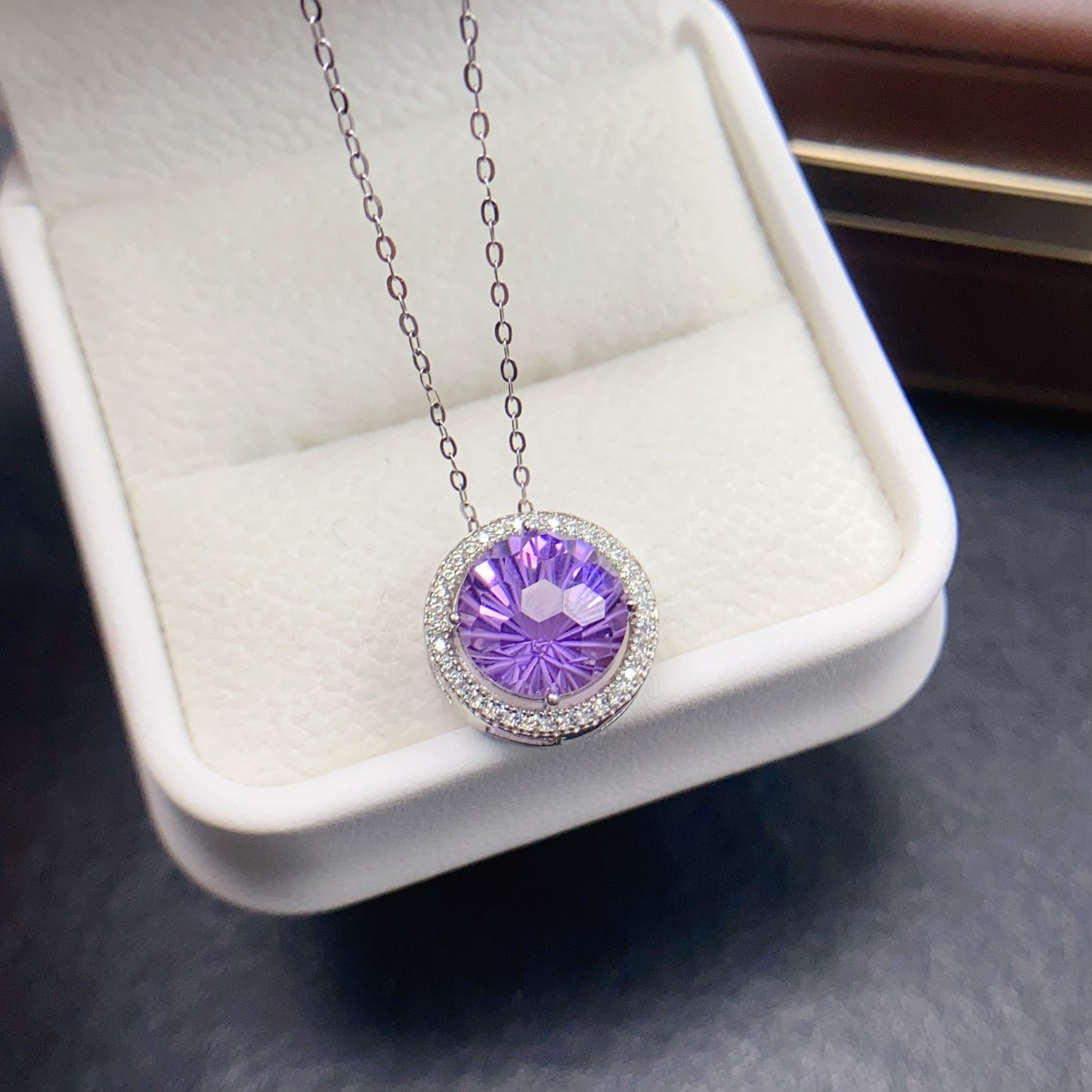 Natural Amethyst Pendant, Firework Faceted Round Cut, Simple 925 Silver Setting, 10x10mm+
