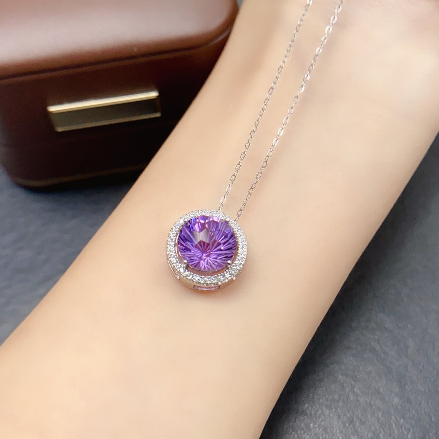 Natural Amethyst Pendant, Firework Faceted Round Cut, Simple 925 Silver Setting, 10x10mm+