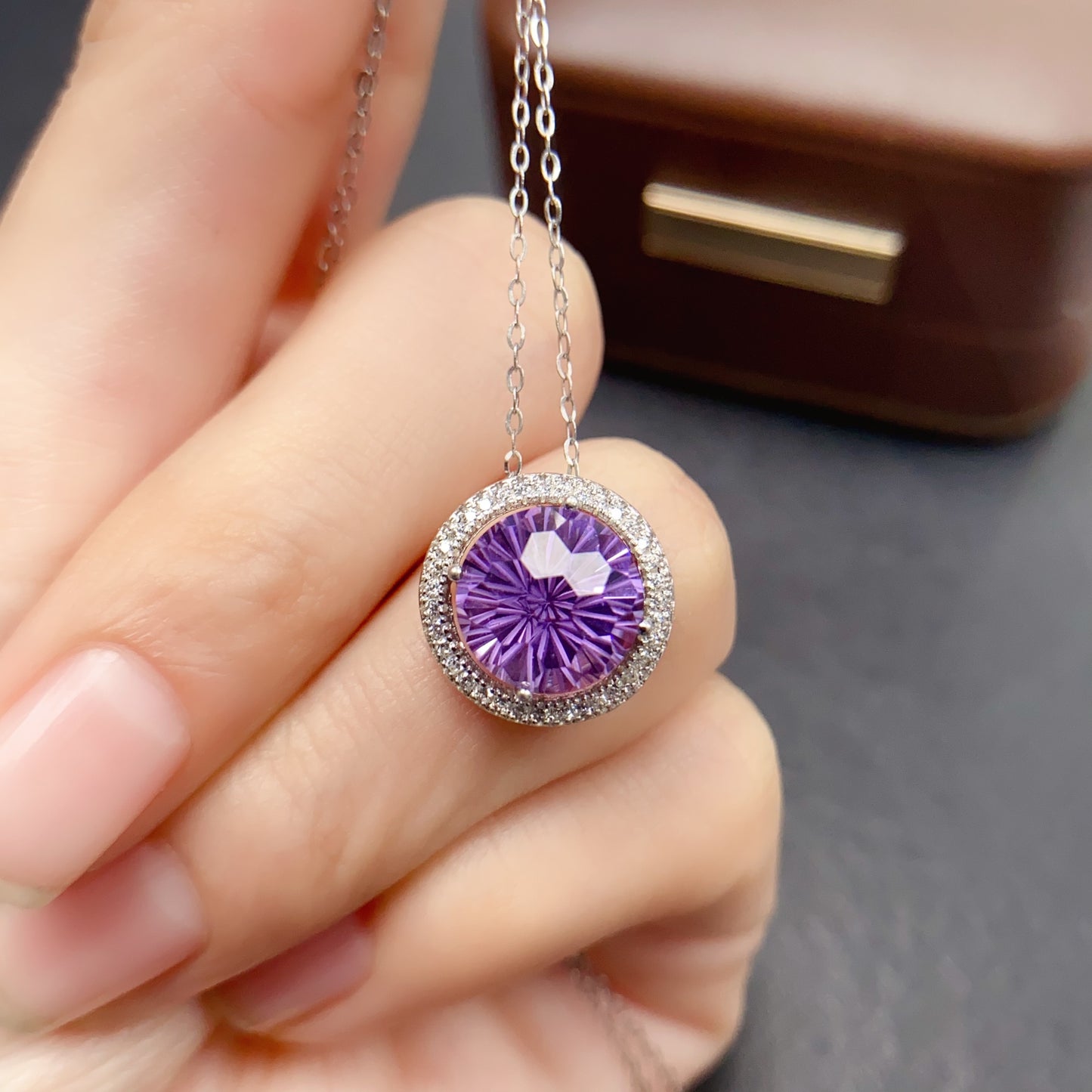 Natural Amethyst Pendant, Firework Faceted Round Cut, Simple 925 Silver Setting, 10x10mm+