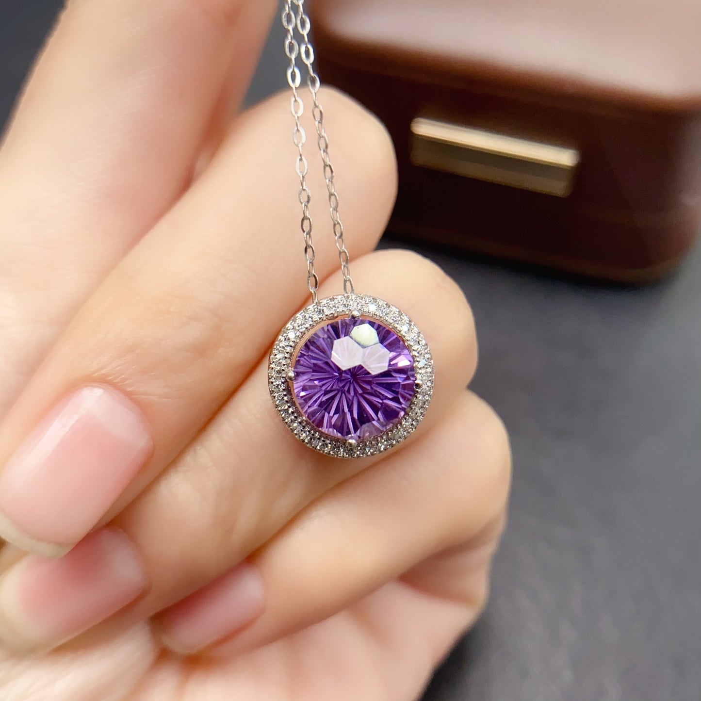 Natural Amethyst Pendant, Firework Faceted Round Cut, Simple 925 Silver Setting, 10x10mm+