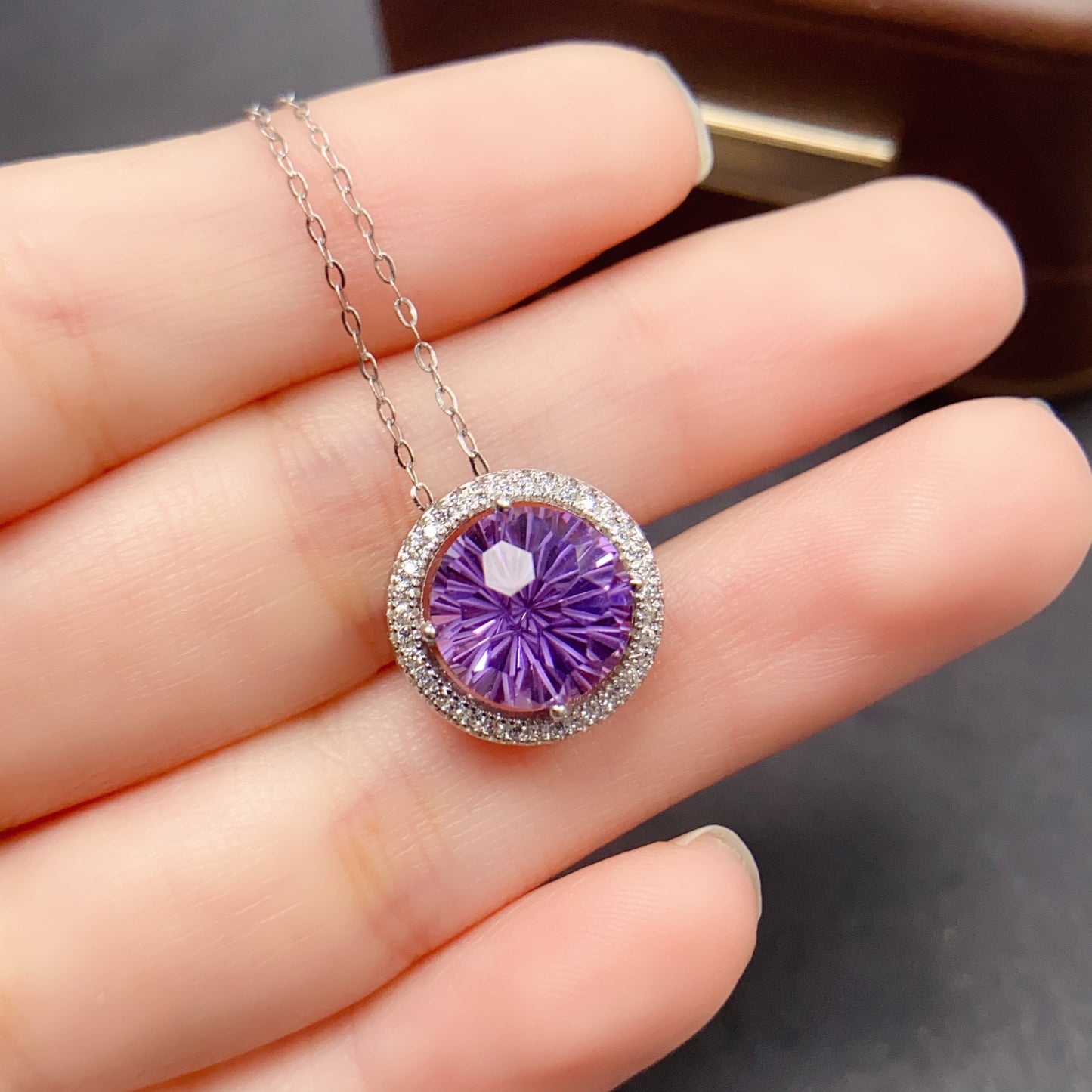 Natural Amethyst Pendant, Firework Faceted Round Cut, Simple 925 Silver Setting, 10x10mm+