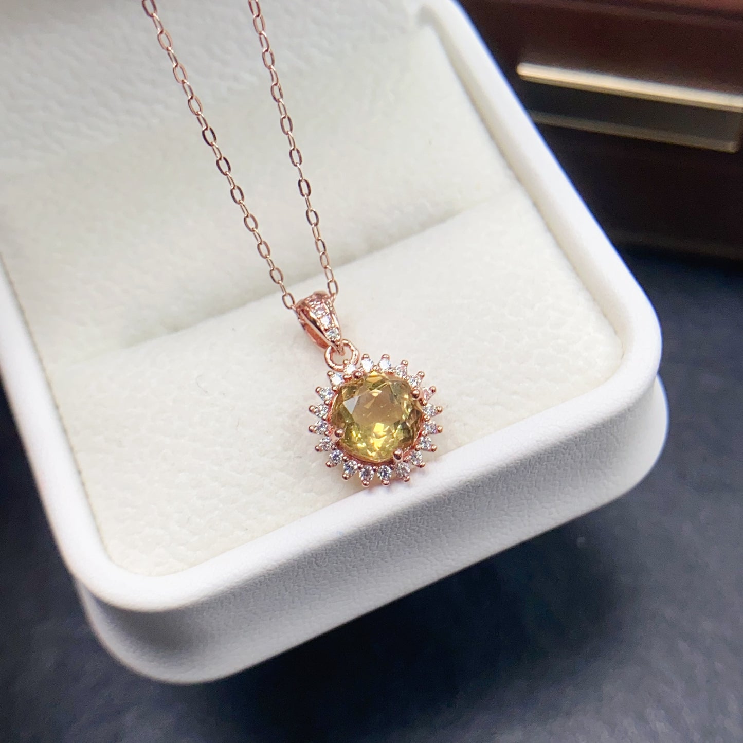 Natural Citrine Pendant Necklace, Round Cut Simple Style, High Quality 925 Silver Setting, 6x6mm+  Product Title (Chinese):