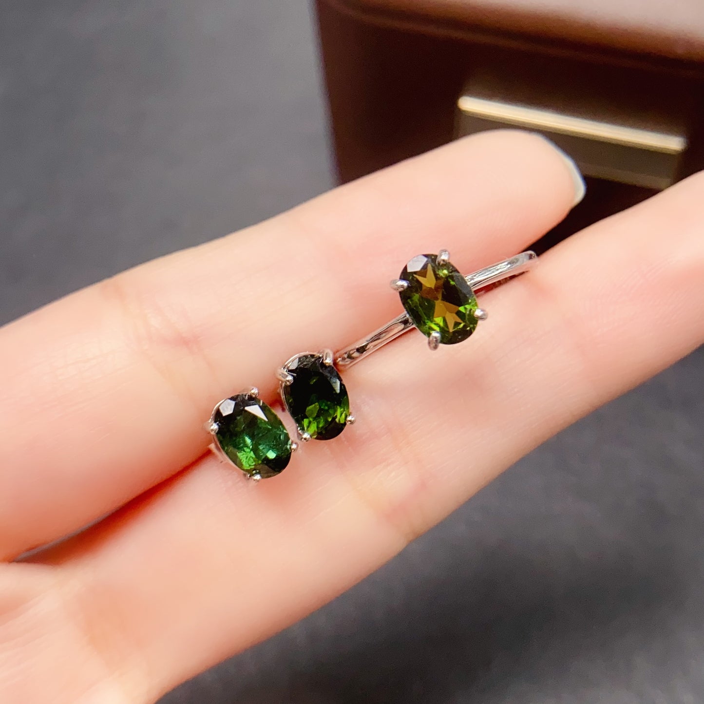 Natural Tourmaline Jewelry Set Earrings & Ring, Simple Daily Style, High Quality 925 Silver Setting, 5x7mm+ Gems