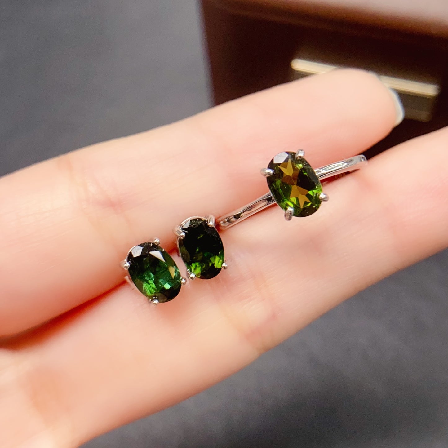 Natural Tourmaline Jewelry Set Earrings & Ring, Simple Daily Style, High Quality 925 Silver Setting, 5x7mm+ Gems