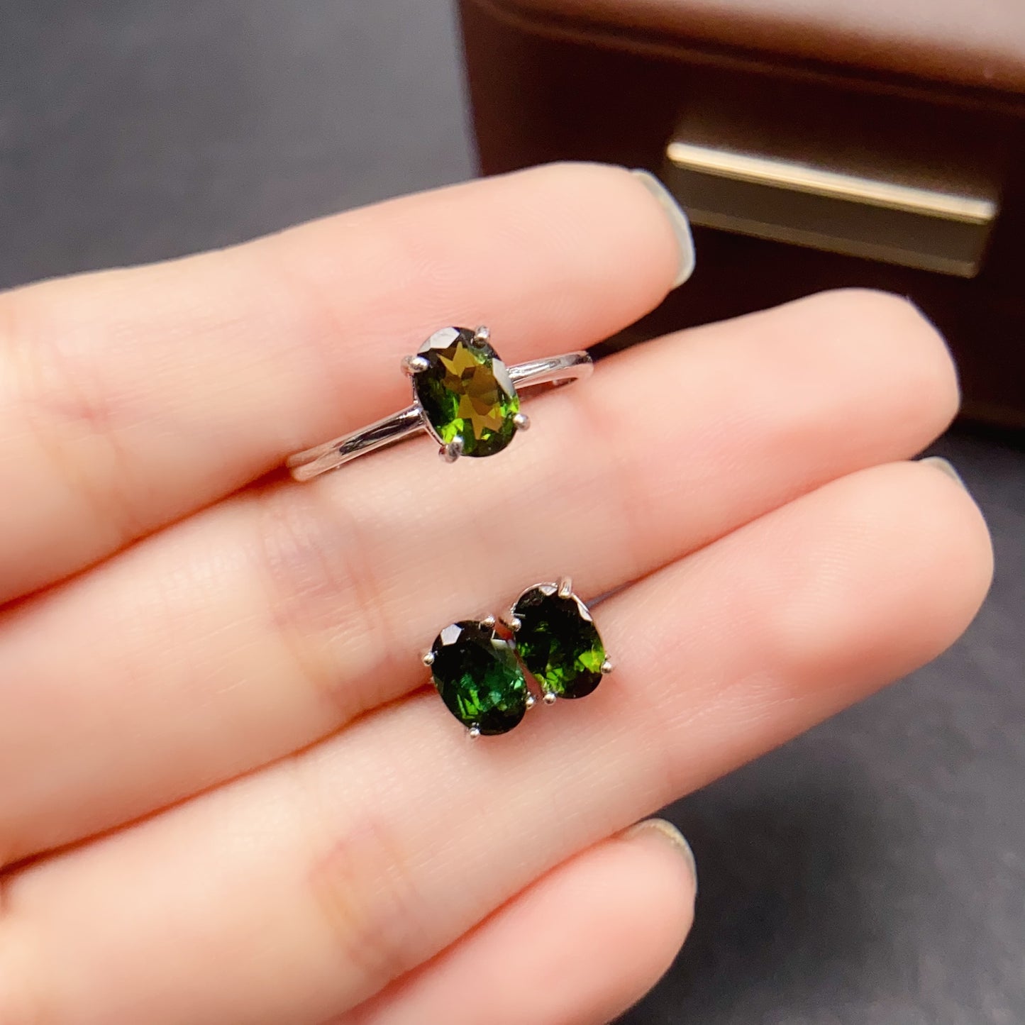 Natural Tourmaline Jewelry Set Earrings & Ring, Simple Daily Style, High Quality 925 Silver Setting, 5x7mm+ Gems