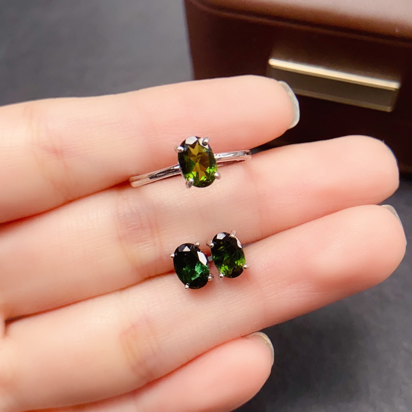 Natural Tourmaline Jewelry Set Earrings & Ring, Simple Daily Style, High Quality 925 Silver Setting, 5x7mm+ Gems