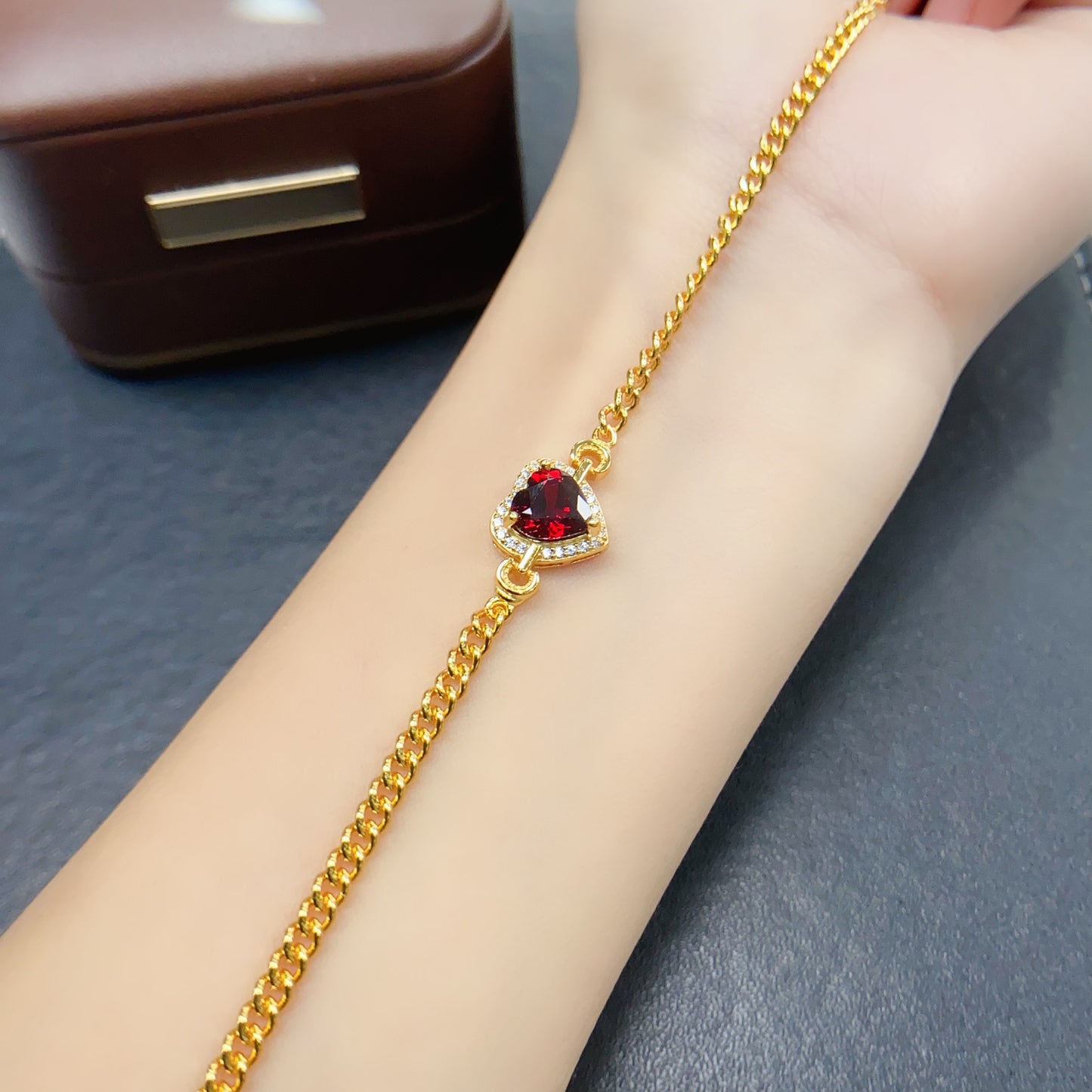 Natural Garnet Bracelet, Heavy Craftsmanship Heart Design, High Quality 925 Silver Setting, 8x8mm+ Gems