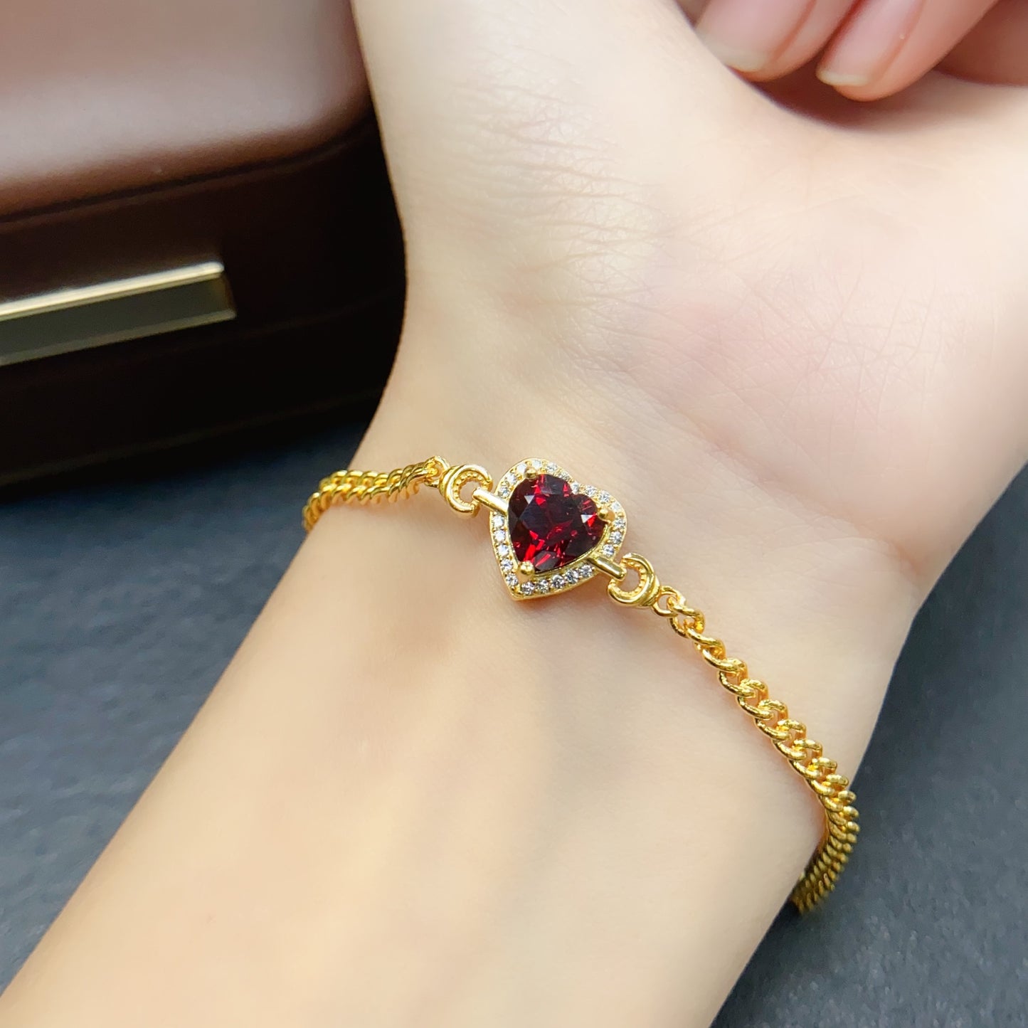 Natural Garnet Bracelet, Heavy Craftsmanship Heart Design, High Quality 925 Silver Setting, 8x8mm+ Gems