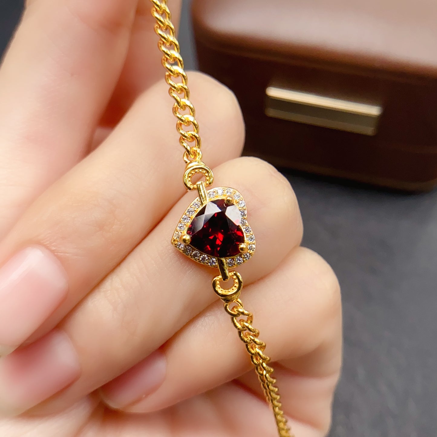 Natural Garnet Bracelet, Heavy Craftsmanship Heart Design, High Quality 925 Silver Setting, 8x8mm+ Gems