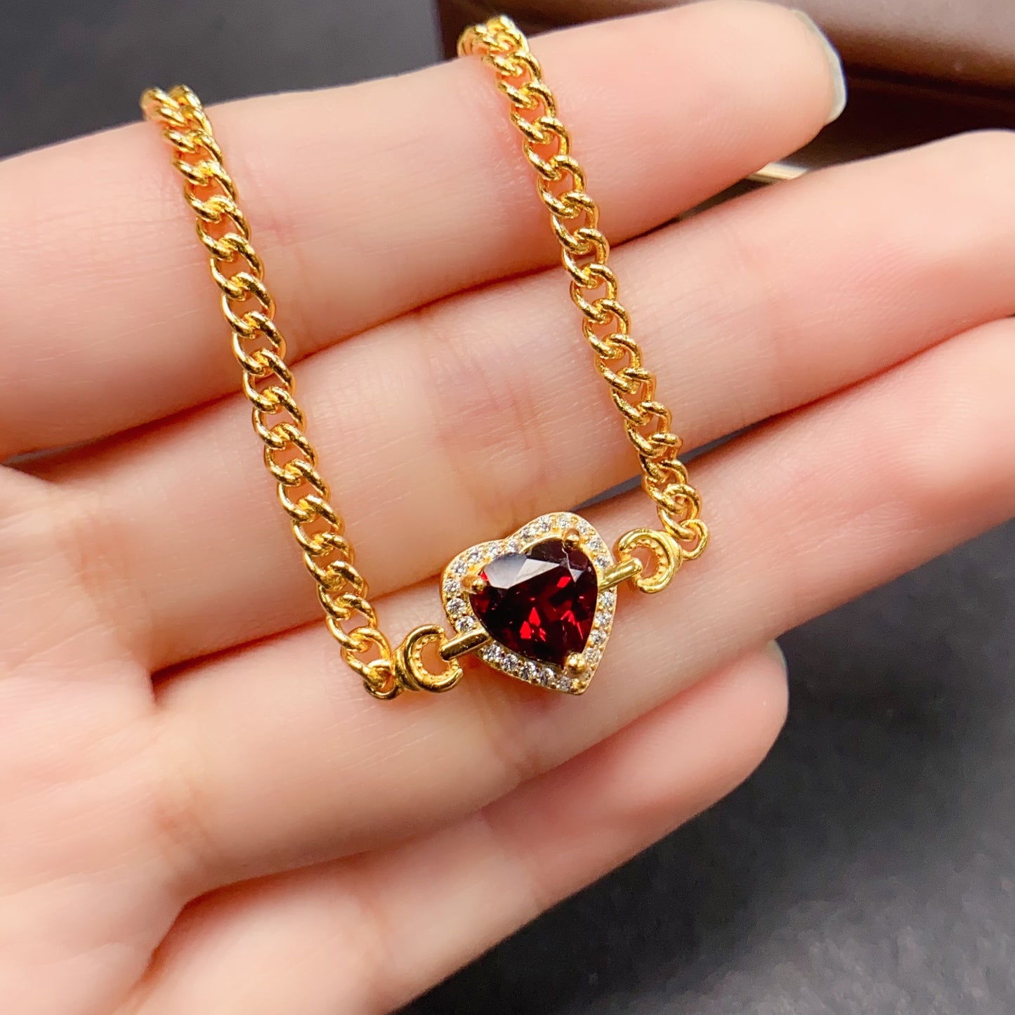 Natural Garnet Bracelet, Heavy Craftsmanship Heart Design, High Quality 925 Silver Setting, 8x8mm+ Gems