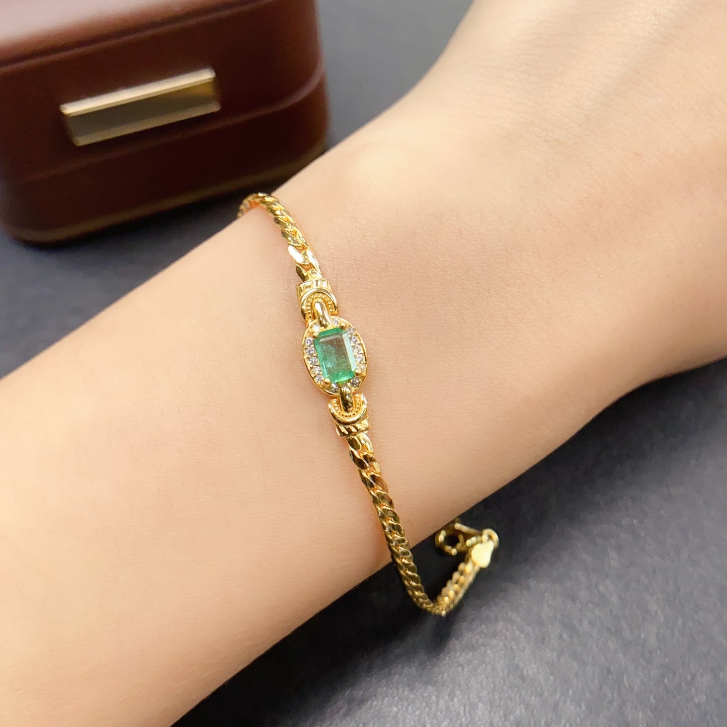 Natural Emerald Bracelet, Square Cut Fashion Design with Gold Plating, High Quality 925 Silver Setting, 4x6mm Gems
