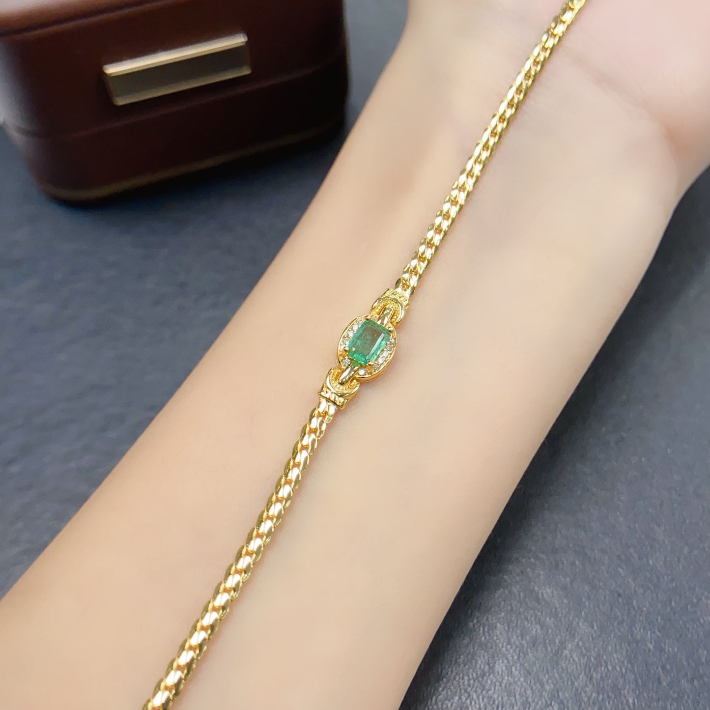 Natural Emerald Bracelet, Square Cut Fashion Design with Gold Plating, High Quality 925 Silver Setting, 4x6mm Gems