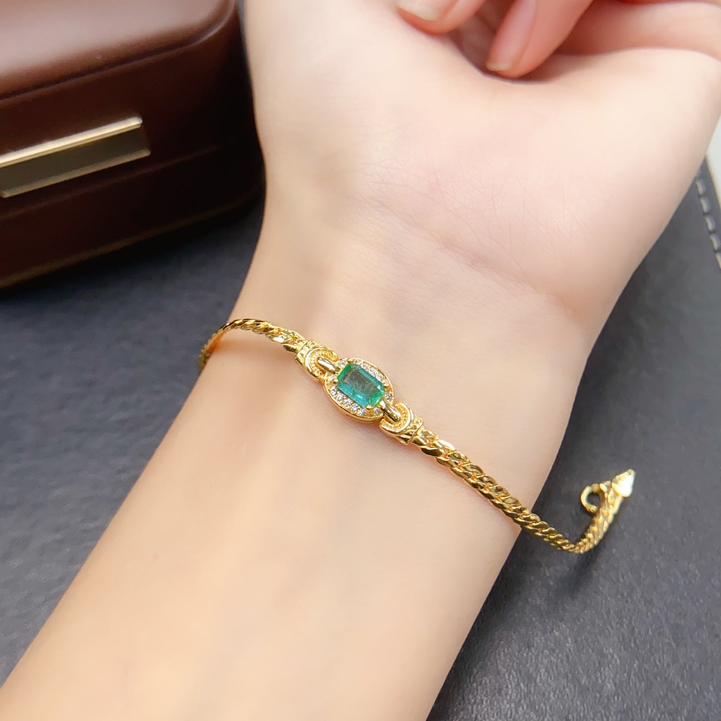 Natural Emerald Bracelet, Square Cut Fashion Design with Gold Plating, High Quality 925 Silver Setting, 4x6mm Gems