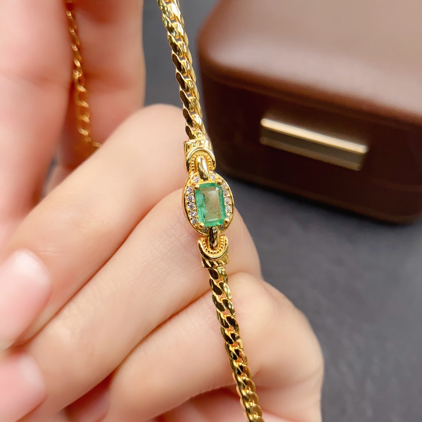 Natural Emerald Bracelet, Square Cut Fashion Design with Gold Plating, High Quality 925 Silver Setting, 4x6mm Gems