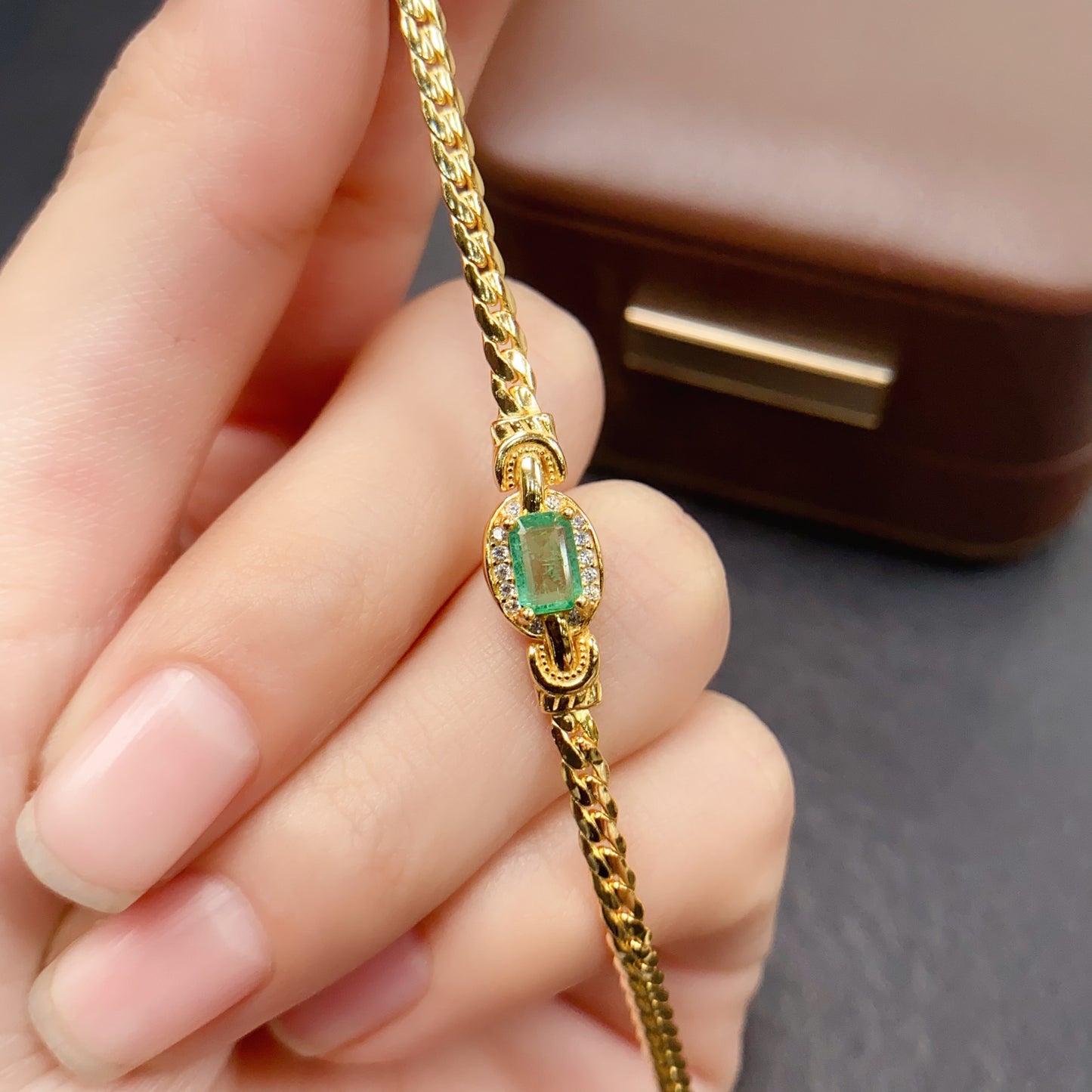 Natural Emerald Bracelet, Square Cut Fashion Design with Gold Plating, High Quality 925 Silver Setting, 4x6mm Gems