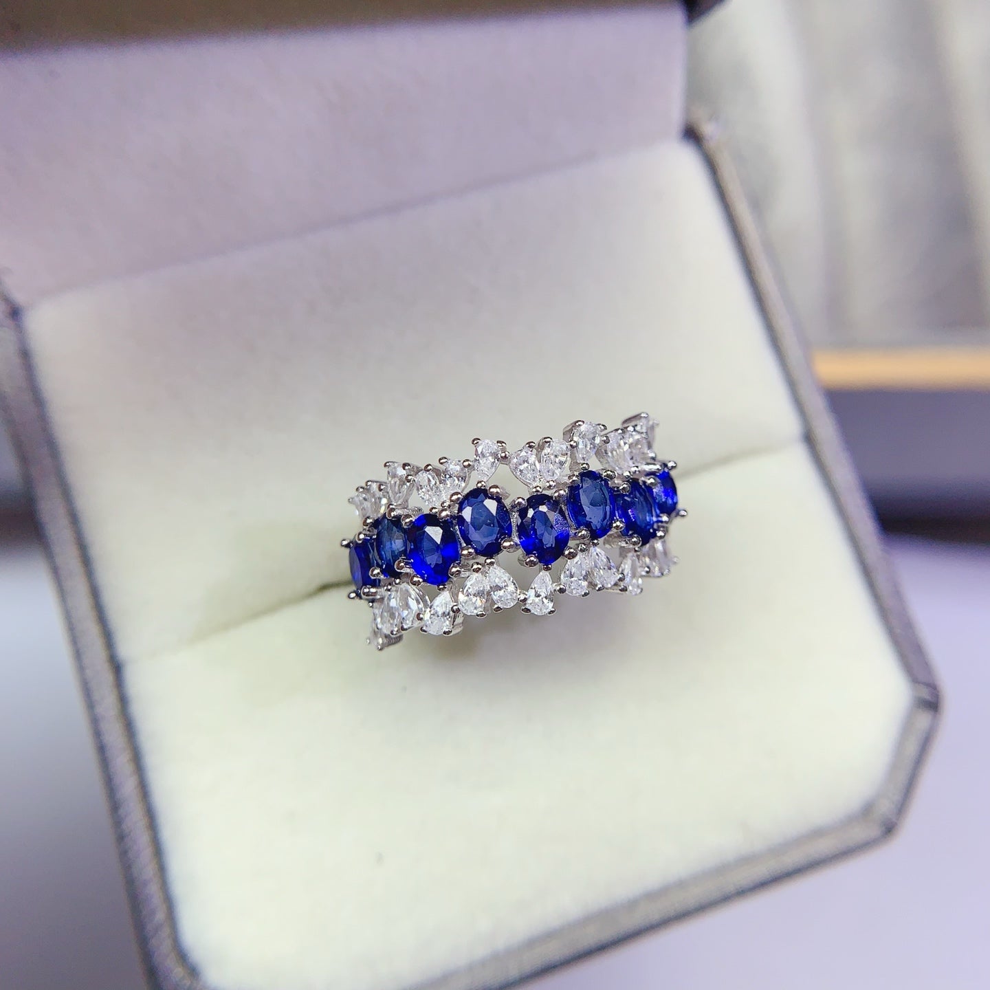 Natural Sapphire Adjustable Ring, Eternity Stacking Band Design, Pure Deep Blue, High Quality 925 Silver Setting, 3x4mm+ Gems