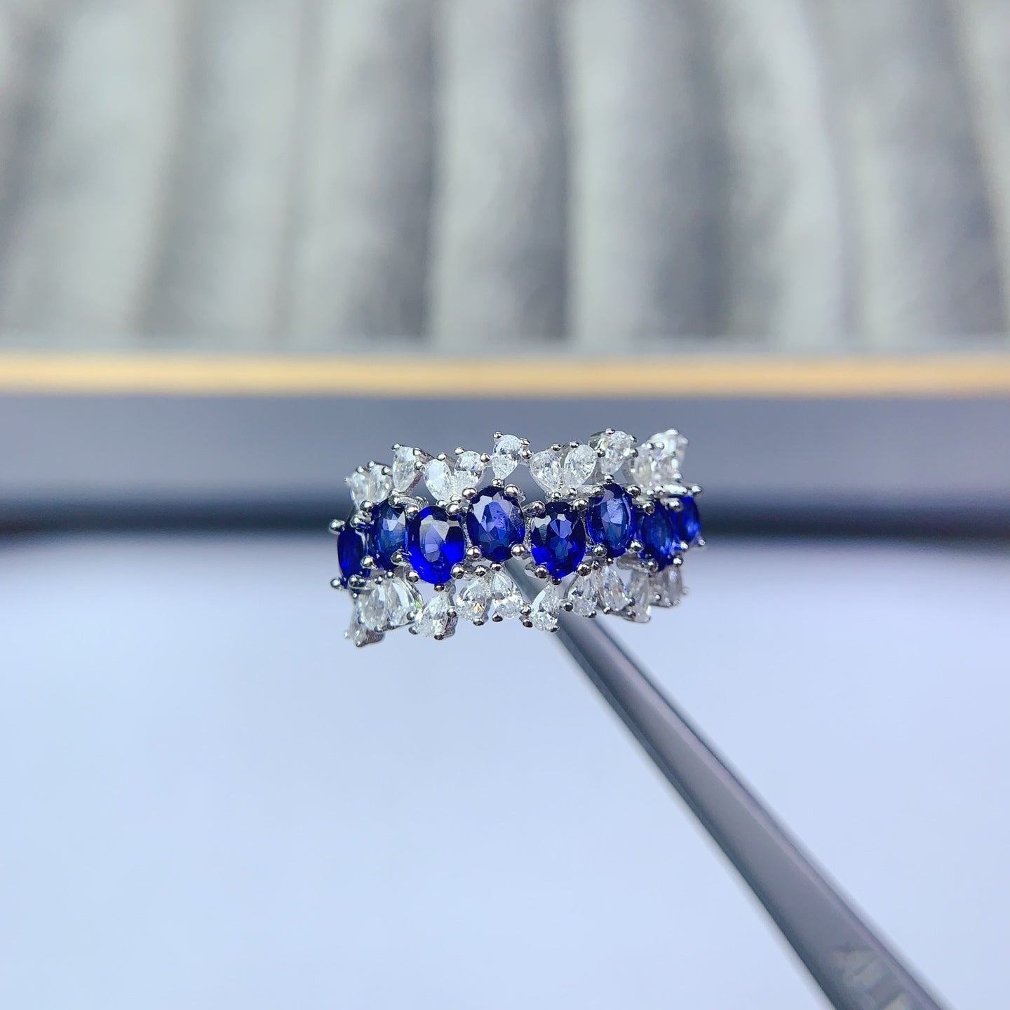 Natural Sapphire Adjustable Ring, Eternity Stacking Band Design, Pure Deep Blue, High Quality 925 Silver Setting, 3x4mm+ Gems