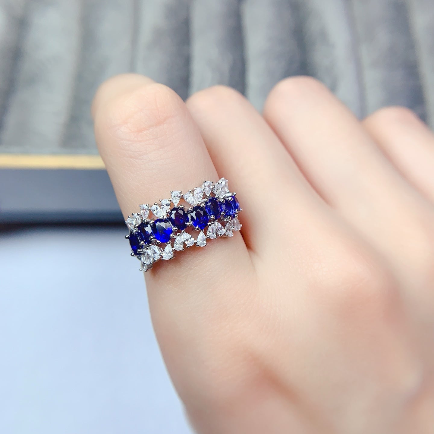 Natural Sapphire Adjustable Ring, Eternity Stacking Band Design, Pure Deep Blue, High Quality 925 Silver Setting, 3x4mm+ Gems