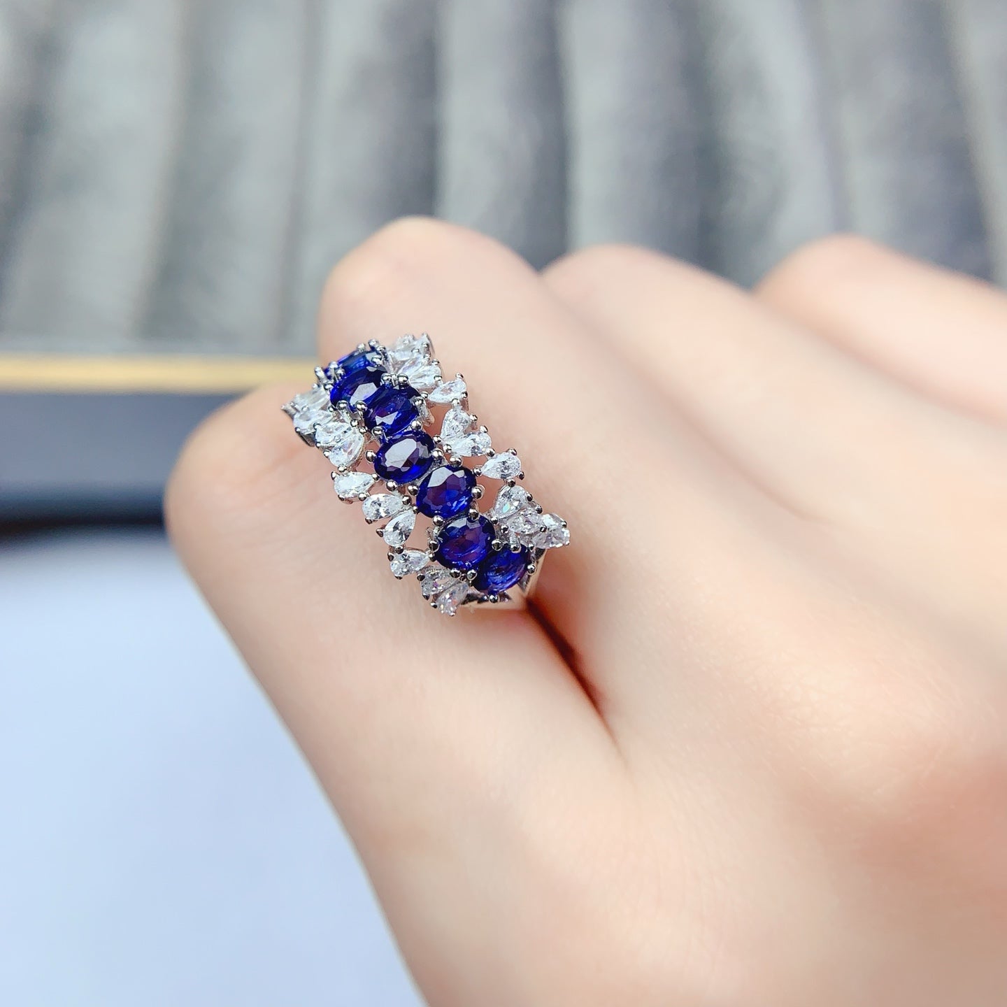 Natural Sapphire Adjustable Ring, Eternity Stacking Band Design, Pure Deep Blue, High Quality 925 Silver Setting, 3x4mm+ Gems