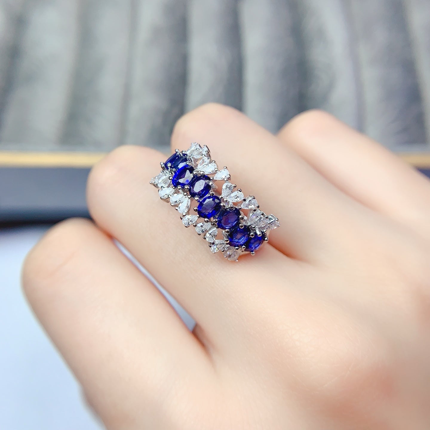 Natural Sapphire Adjustable Ring, Eternity Stacking Band Design, Pure Deep Blue, High Quality 925 Silver Setting, 3x4mm+ Gems