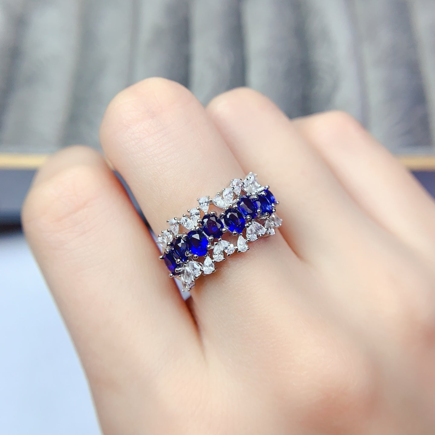 Natural Sapphire Adjustable Ring, Eternity Stacking Band Design, Pure Deep Blue, High Quality 925 Silver Setting, 3x4mm+ Gems