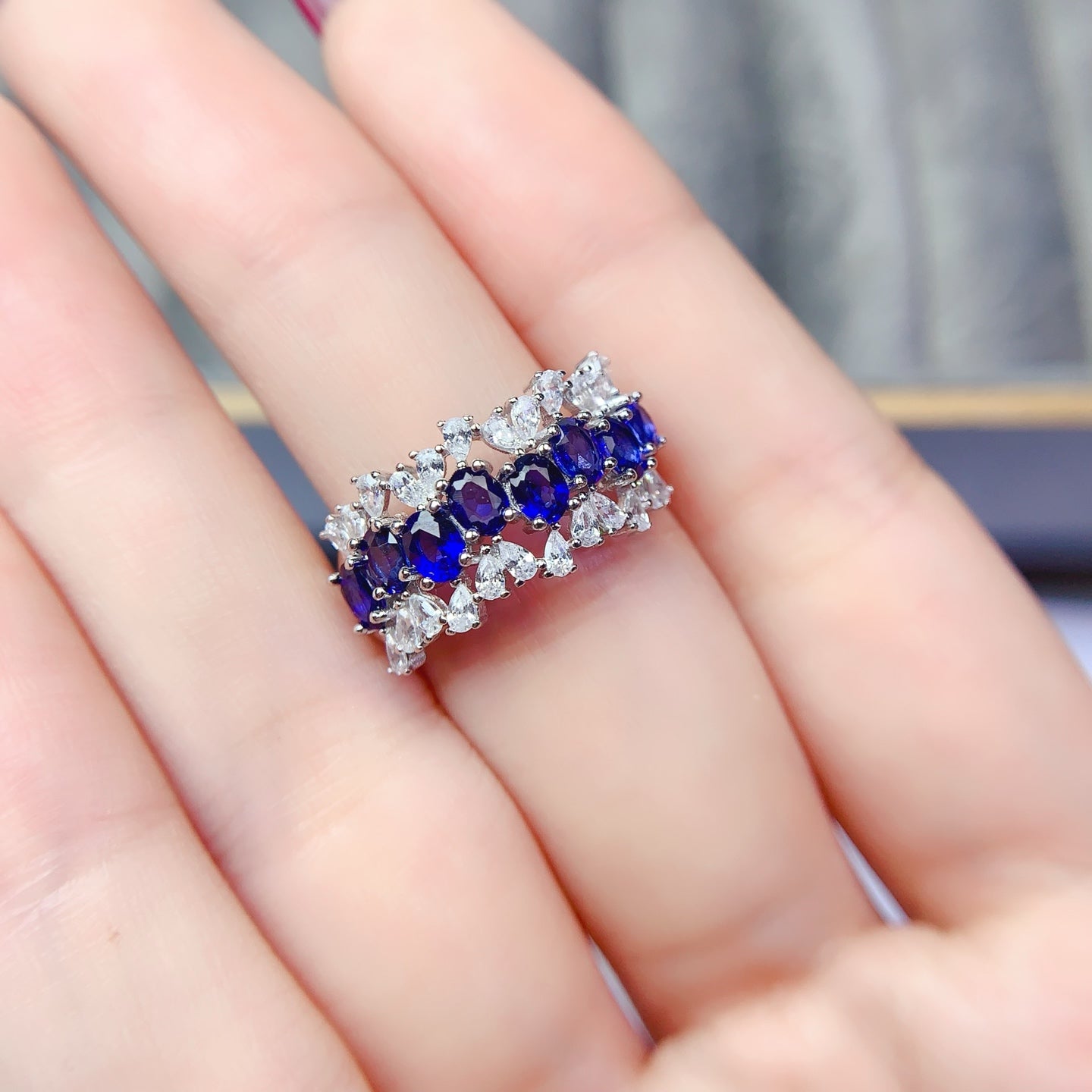 Natural Sapphire Adjustable Ring, Eternity Stacking Band Design, Pure Deep Blue, High Quality 925 Silver Setting, 3x4mm+ Gems