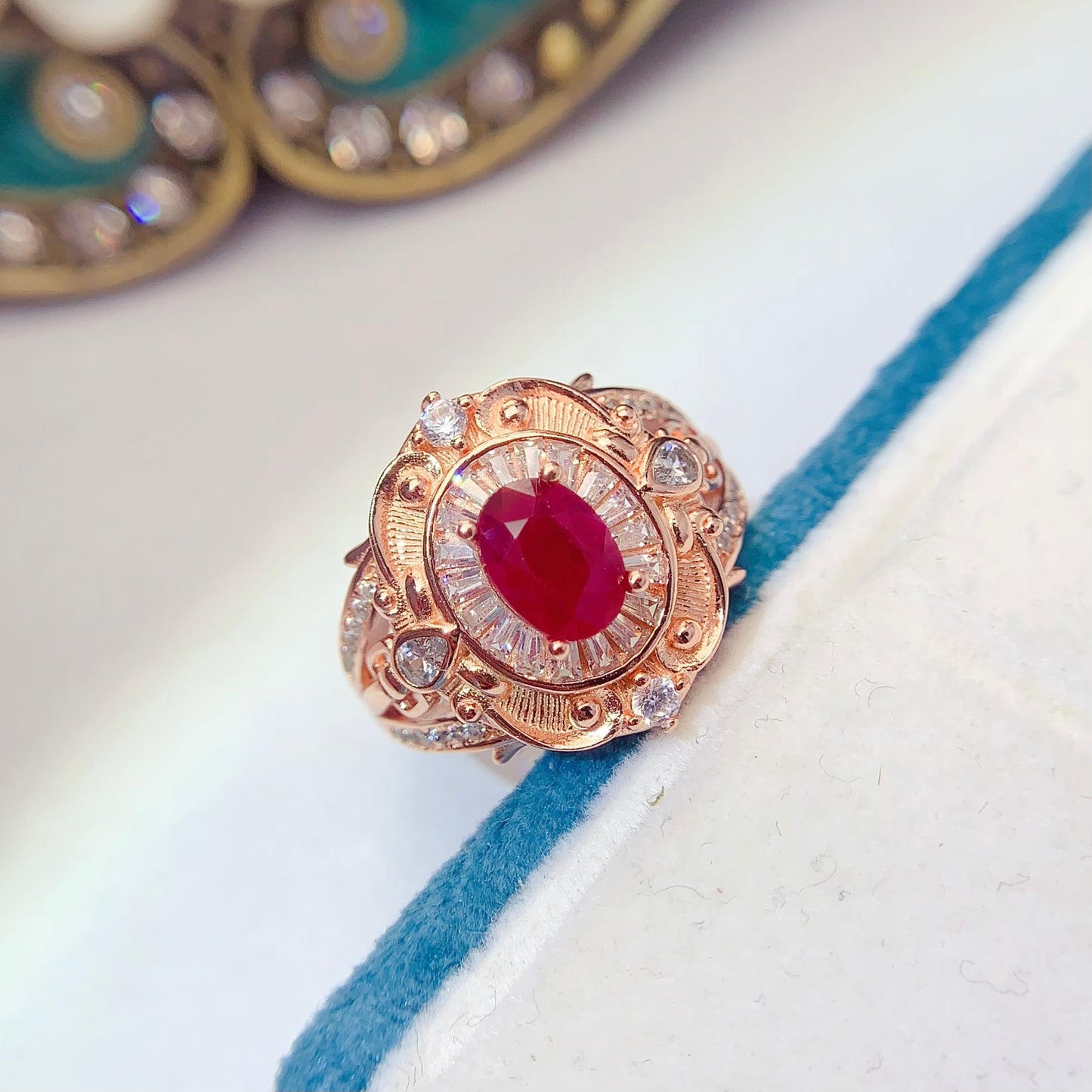 High-Quality Natural Ruby Adjustable Ring, Rose Gold Plated, Vivid Fire Red, Transparent Crystal, 925 Silver Setting, 5x7mm