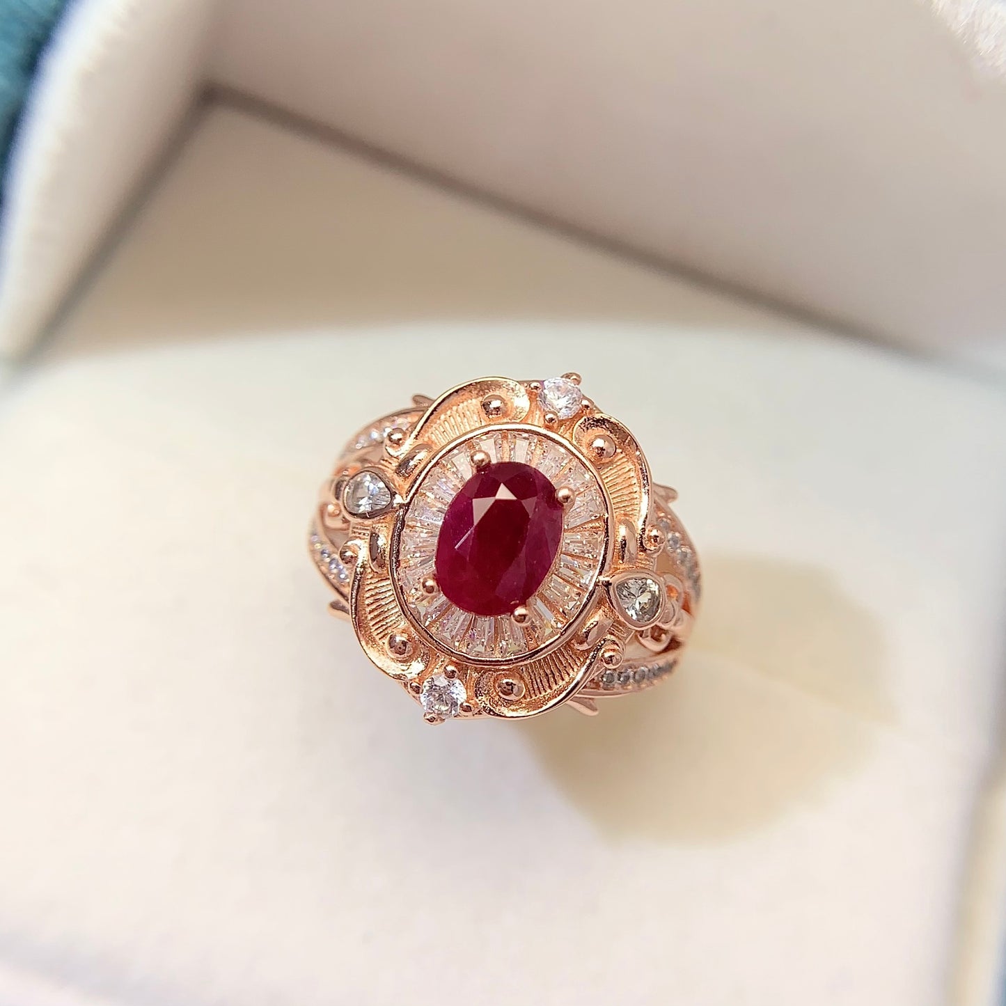 High-Quality Natural Ruby Adjustable Ring, Rose Gold Plated, Vivid Fire Red, Transparent Crystal, 925 Silver Setting, 5x7mm