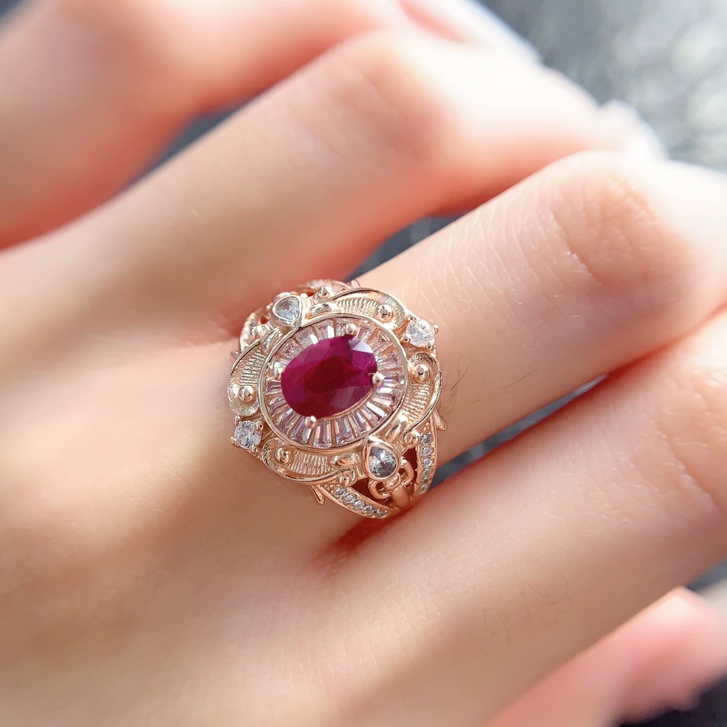 High-Quality Natural Ruby Adjustable Ring, Rose Gold Plated, Vivid Fire Red, Transparent Crystal, 925 Silver Setting, 5x7mm