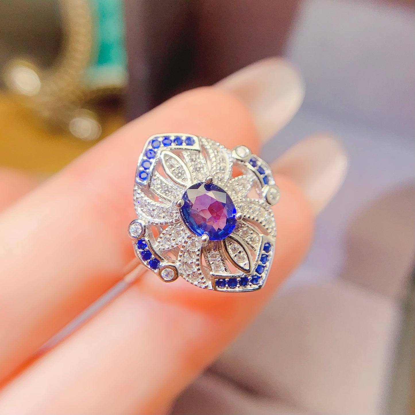 Premium Natural Sapphire Adjustable Ring, Vintage Design, Deep Serene Blue, Mysterious Charm, 925 Silver Setting, 5x6mm+ Gem